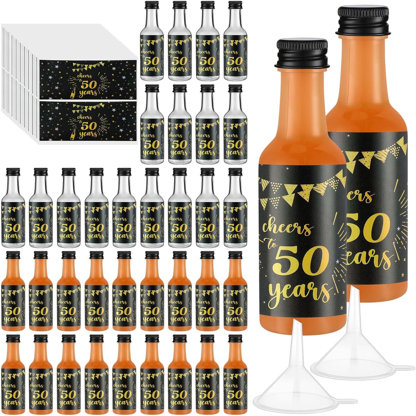 Vesici 50 Pack Mini Liquor Bottles 1.7oz Shot Mini Wine and Champagne Bottle Birthday Sticker with 2 Funnels Birthday Party Favor for Adult Guest Women Men Anniversary Celebration(Cheers to 50 Years)