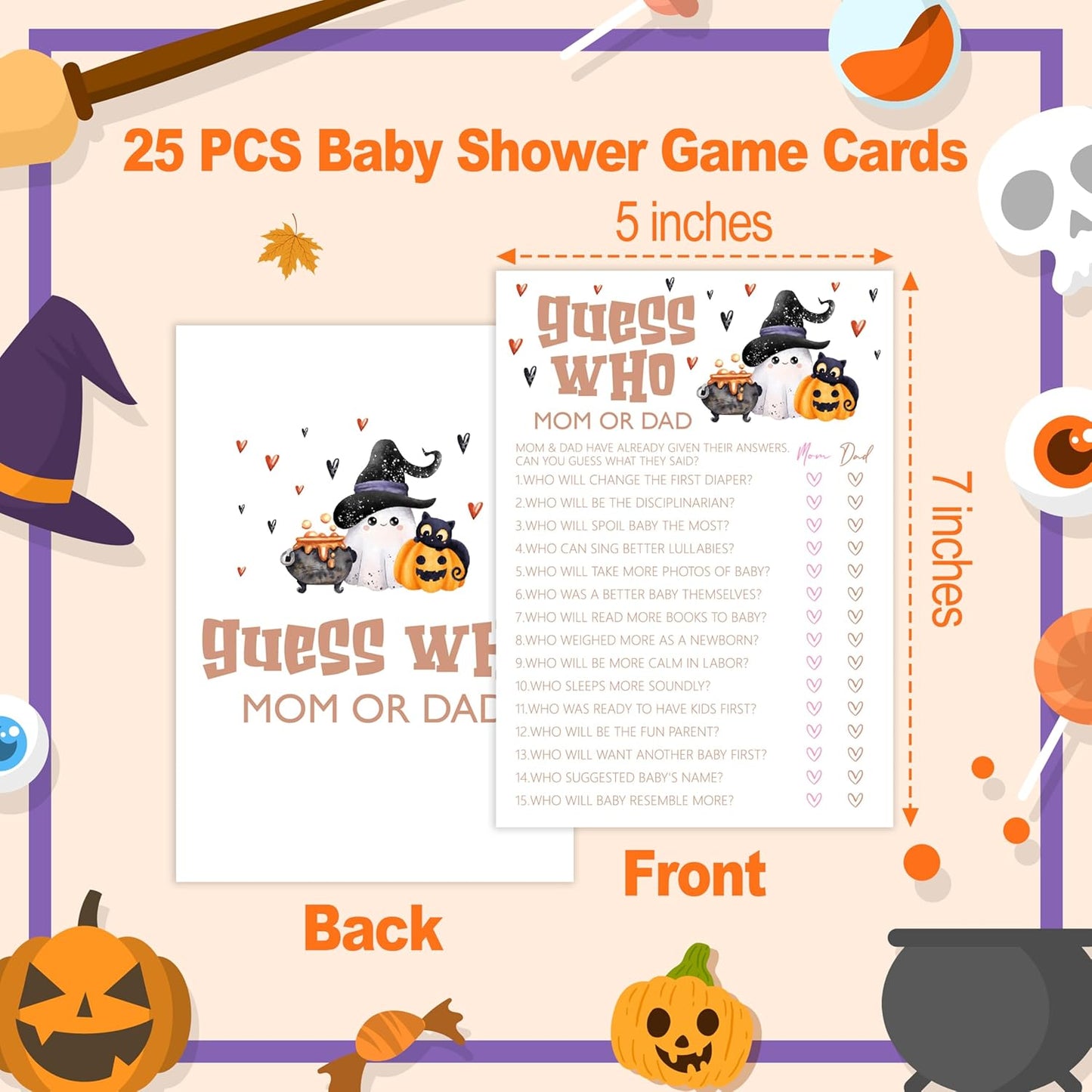 Baby Shower Games, Halloween Guess Who Mom or Dad, 25 Double-Sided Game Cards for Gender Reveal Party Decorations Supplies Announcement - B01