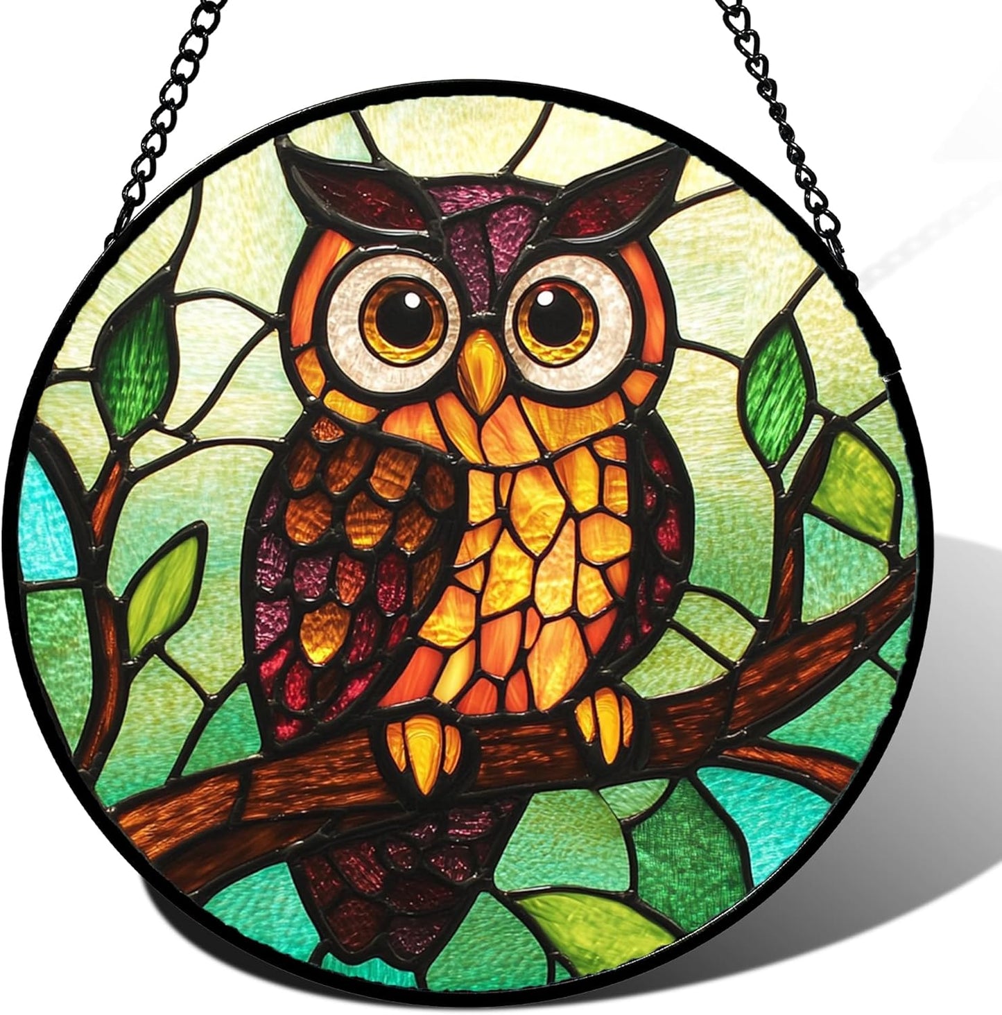 Stained Glass Window Hanging - Owl on a Branch Suncatcher for Doors Window Home Orange Brown Sun Catchers Decor Christmas Mother's Day Birthday Gifts for Teacher Women Men Mom Nana 9.8 in