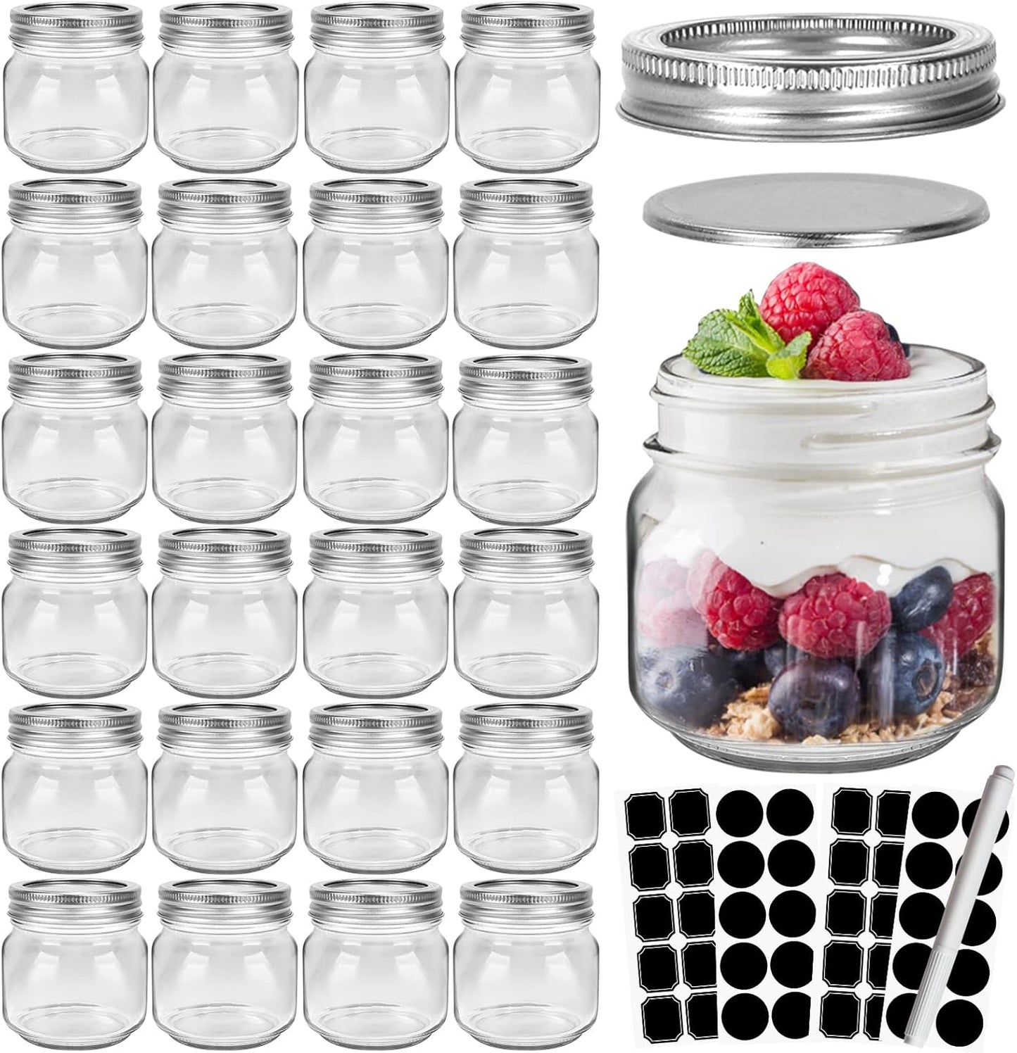 CycleMore 24 Pcs 8oz Clear Glass Mason Jars With Regular Silver Separable Lids, 250ml Round Spice Canning Jars for Honey, Jam, Herb, Wedding Favors, Kitchen Storage, DIY Souvenir