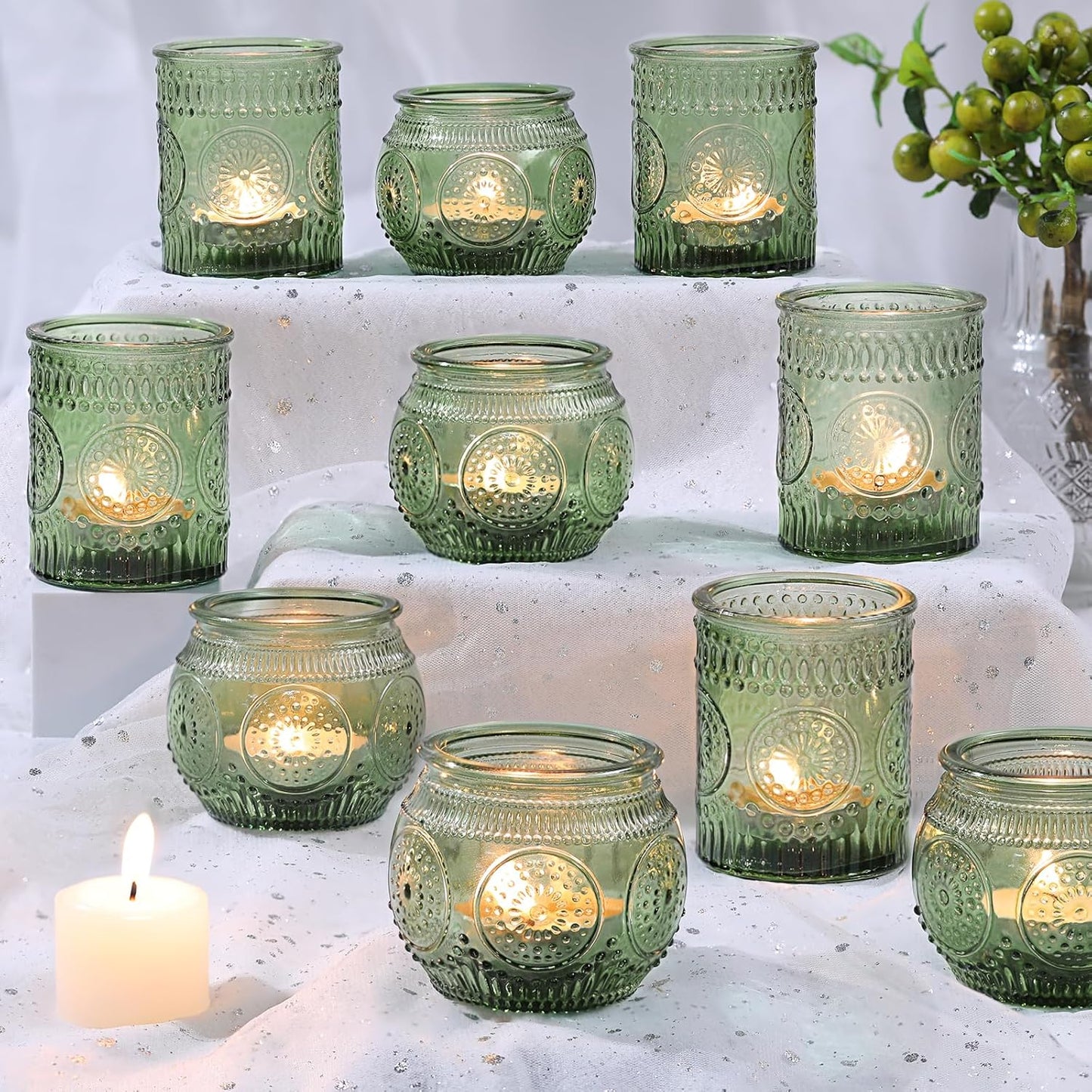 DARJEN 12Pcs Green Votive Candle Holders - Glass Tea Light Candle Holder for Wedding Shower, Candle Holder Bulks for Wedding & Home Table Decor, Vintage Parties Gifts