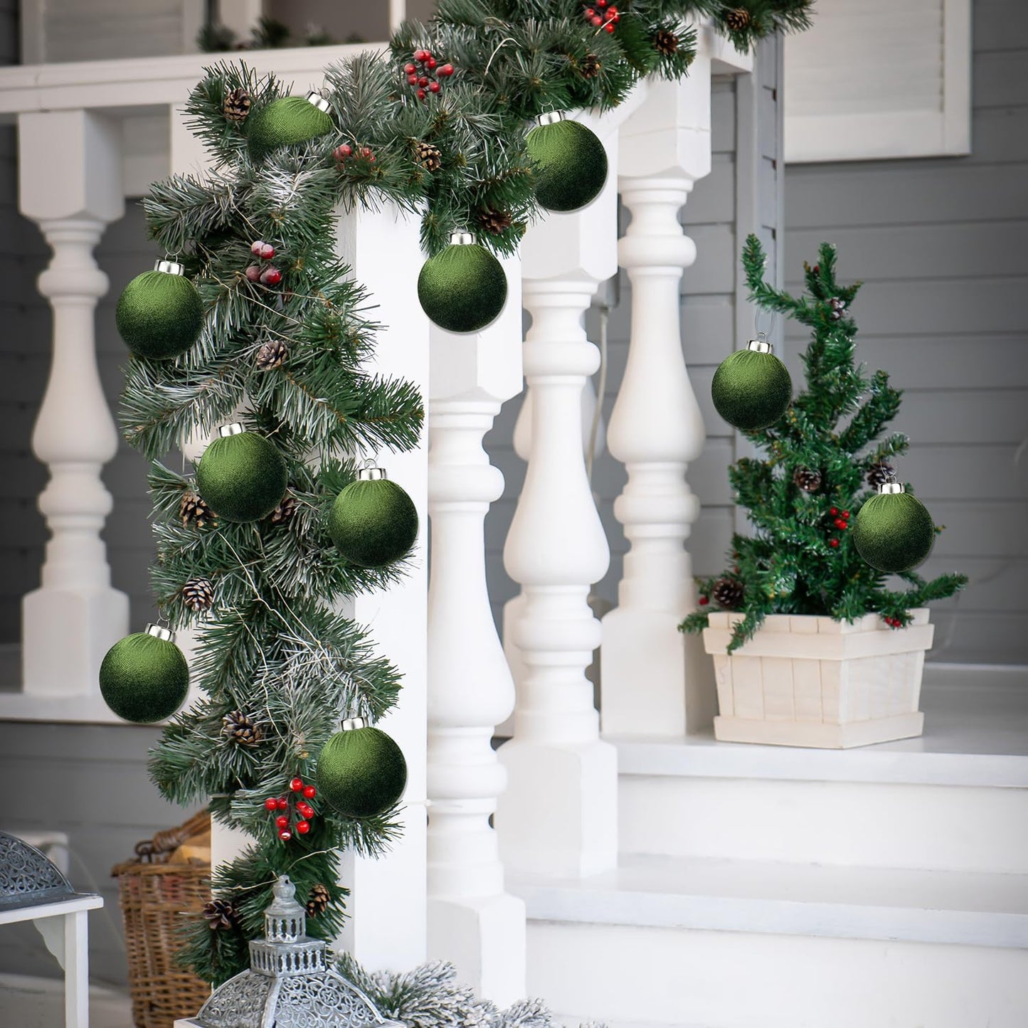 Green Velvet Ornaments for Christmas Tree 15 PCS, Big Neutral Flocked Christmas Bulbs Ornaments Set, Matte Suede Xmas Hanging Baubles Decorations (Sage Green, 3.15 Inch)