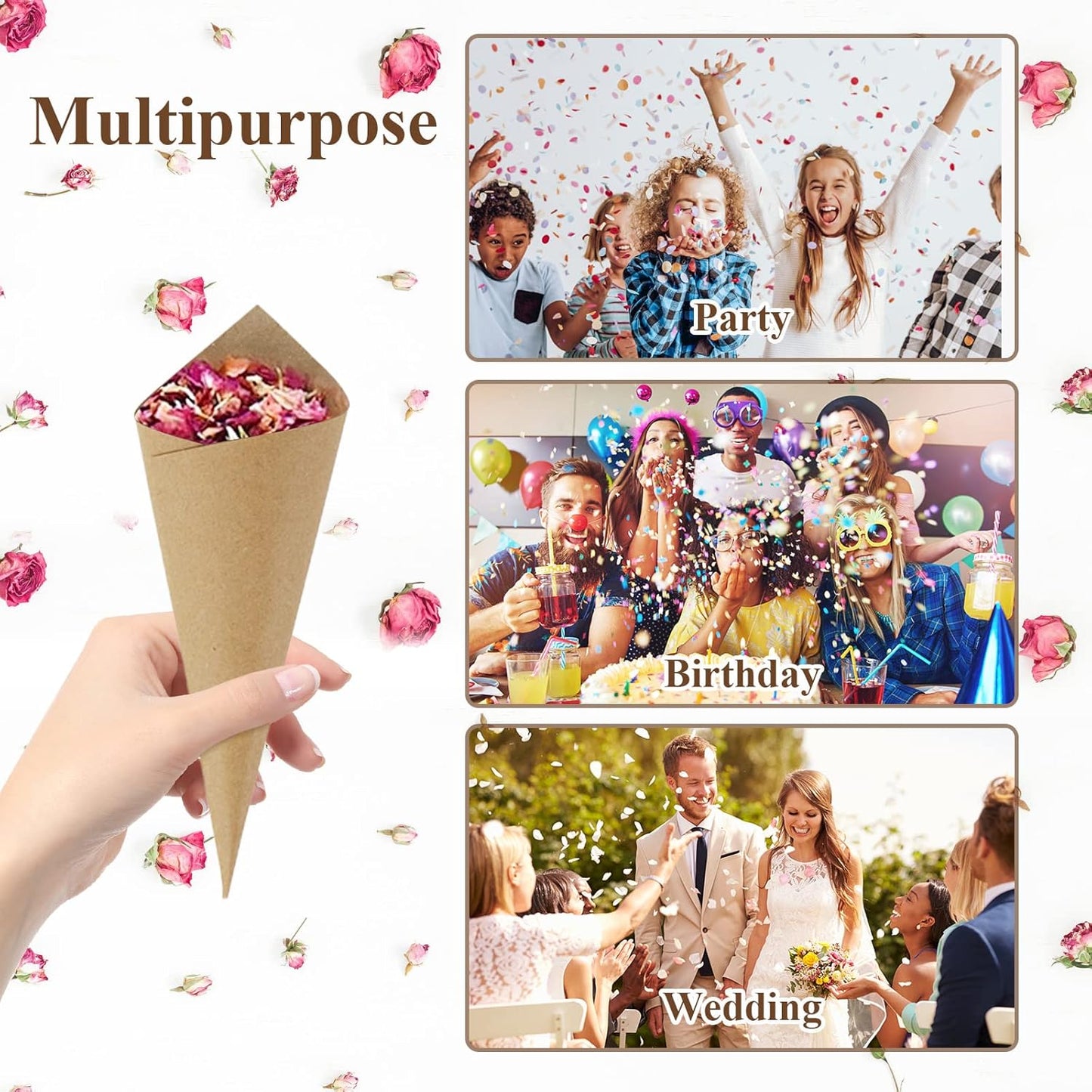 30 Pieces biodegradable confetti Cones and Stand Tray Paper Cone Box 30 Holes Suitable Placing Dried Flower Petals Confetti for Wedding, Engagement, Party, Birthday (Kraft)