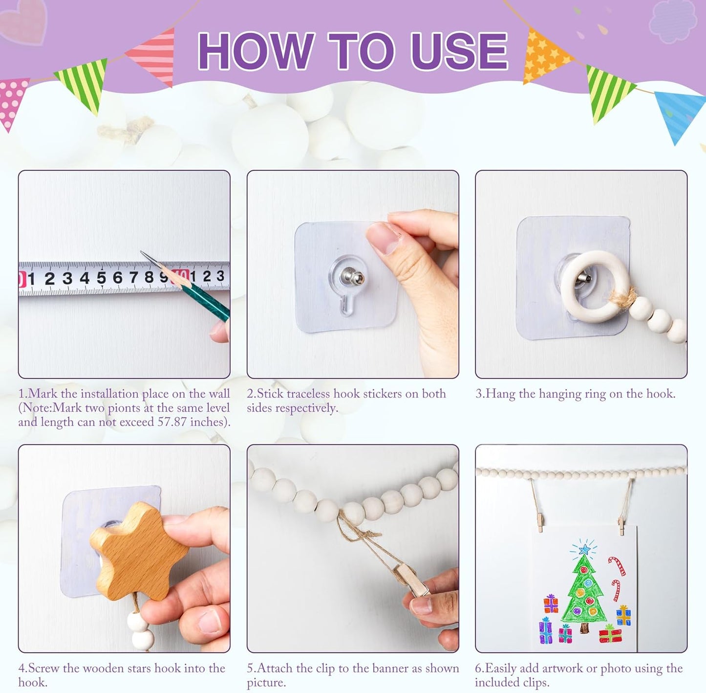 KOLLIEE Kids Artwork Display Art Wall Decor 4.93ft Boho Wooden Beaded Garland Collage Holder with Hanging Rings Stars Hook 40 Wood Clips for Kids Artwork Photo Room Bedroom Decor(Big Wooden Beads)