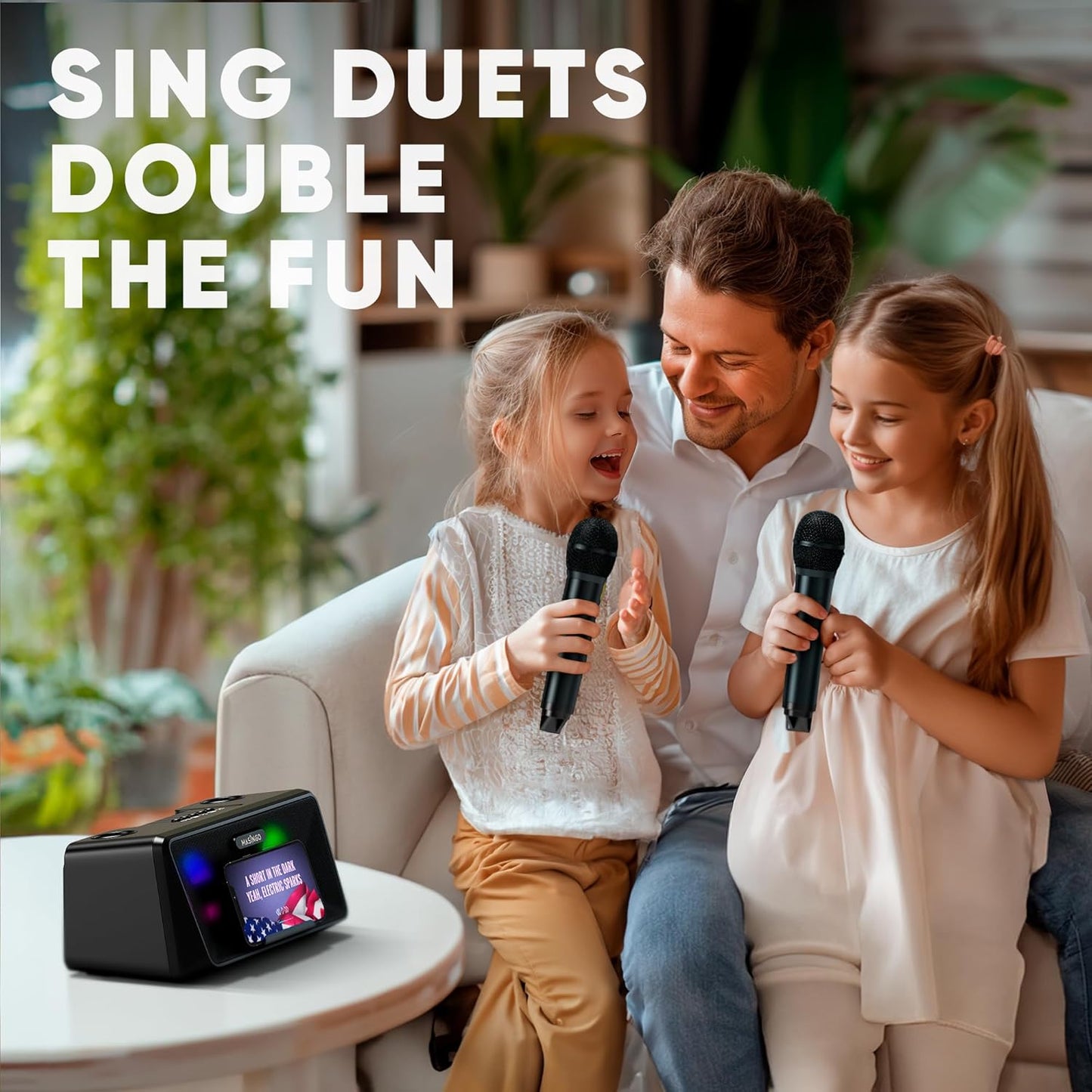 MASINGO Karaoke Machine for Adults and Kids with 2 Wireless Microphones, Portable Bluetooth Singing Speaker, Colorful LED Lights, PA System, Lyrics Display Holder, and TV Cable. Presto G2