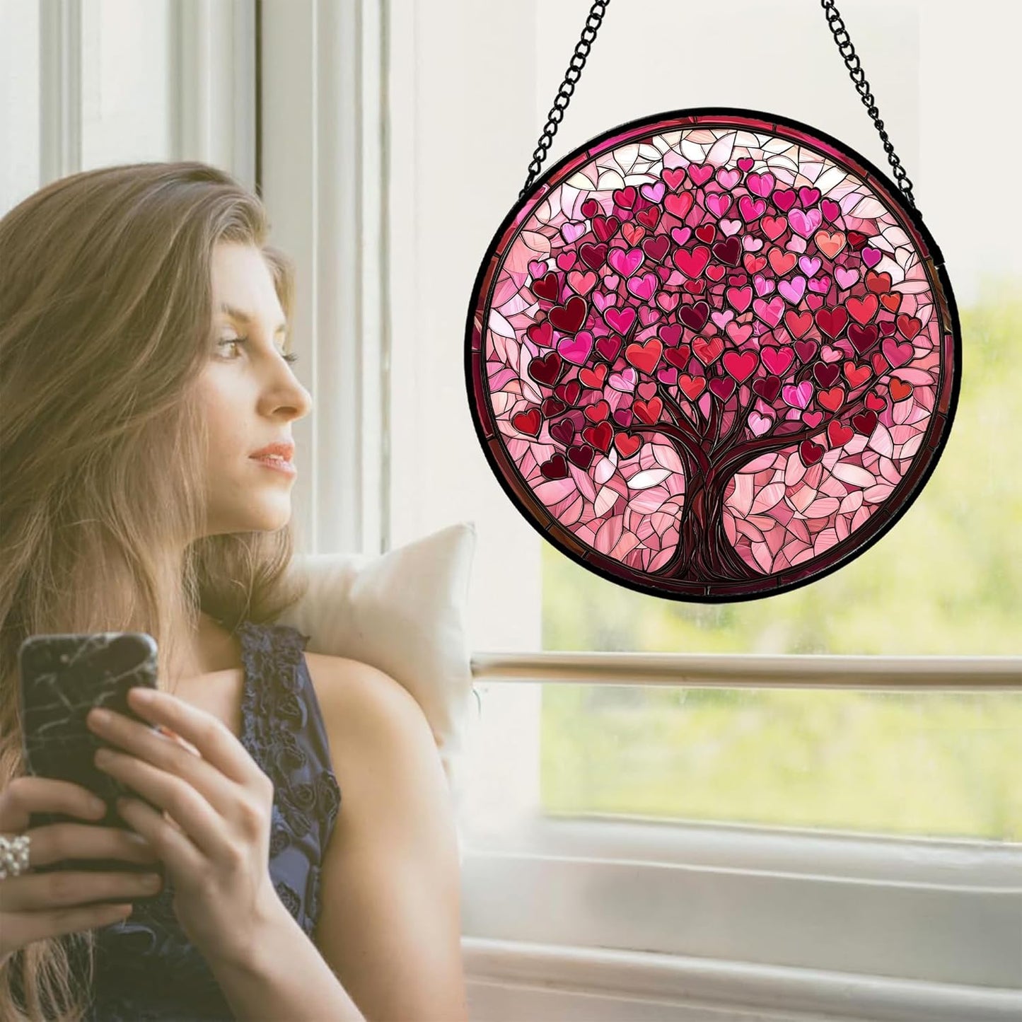 Stained Glass Window Hanging - DASTOLL, Birthday Gifts for Women Men Mom Dad, Pink Love Tree Suncatcher for Doors Window Home Sun Catchers Decor 7.8 in