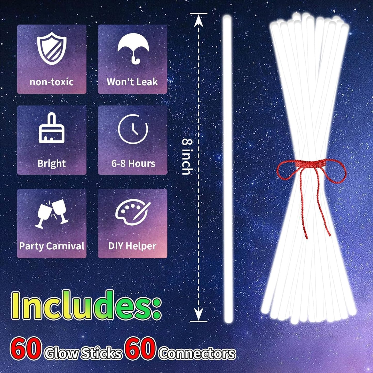 60 Pack 8” White Glow Sticks Bulk with 60 Connectors Neon Glow In The Dark Party favors Supplies for Holiday Birthday Party Decoration (White)