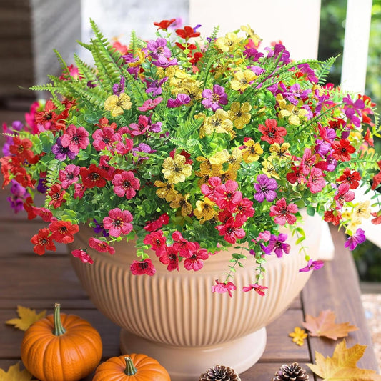 HyeFlora Artificial Faux Outdoor Flowers Plants for Summer Outside Decoration, 14 Bundles Fake Silk Colorful Daisy Ferns UV Resistant Realistic for Front Door Porch Planter Patio Yard