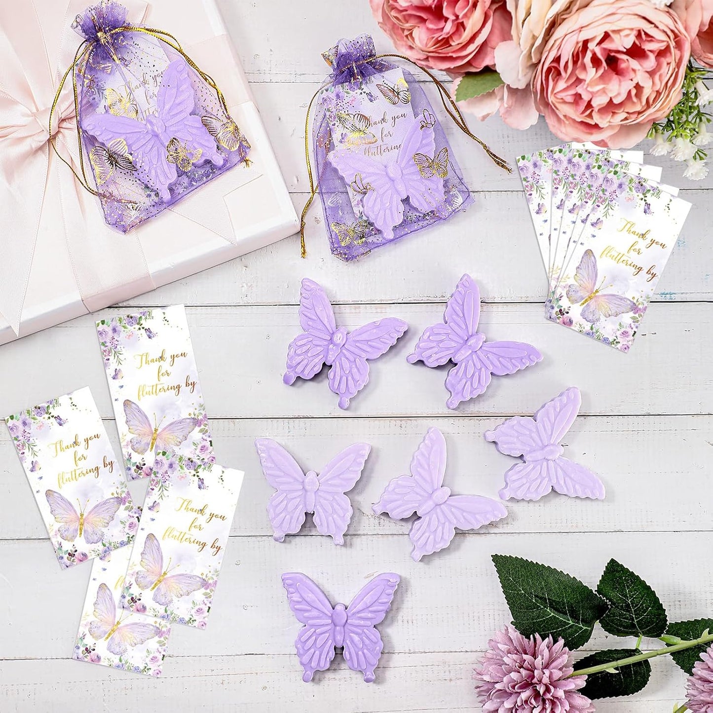 Dunzy 100 Sets Butterfly Theme Baby Shower Favors for Guests Butterfly Soap with Thanks You Cards Gift Bags Gender Reveal Baptism Party Decorations Wedding Bridal Party Favor (Purple,Light Purple)