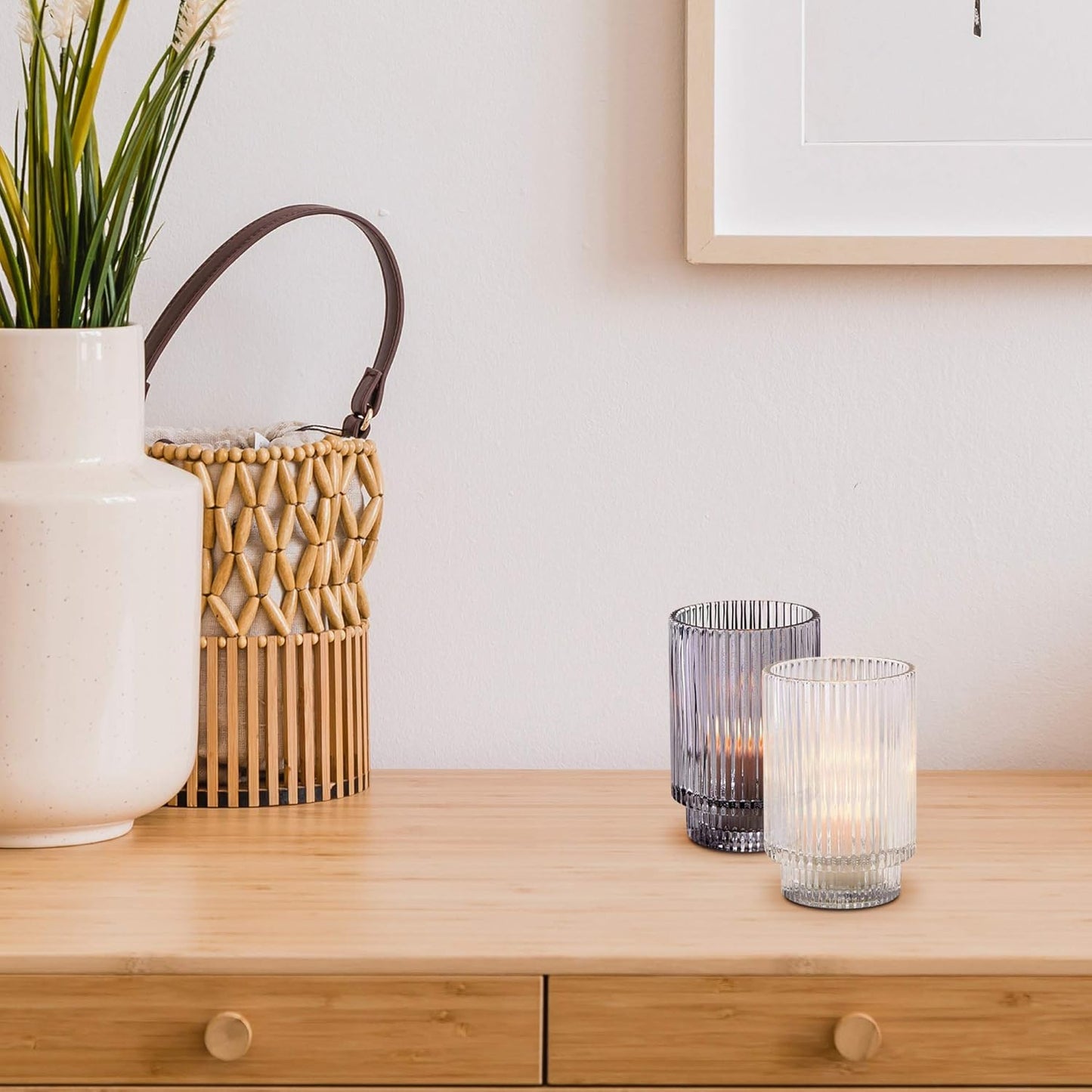 Serene Spaces Living Smoke Ribbed Glass Votive Holder, Perfect for Weddings and Home Décor, Measures 5" Tall and 3.25" Diameter