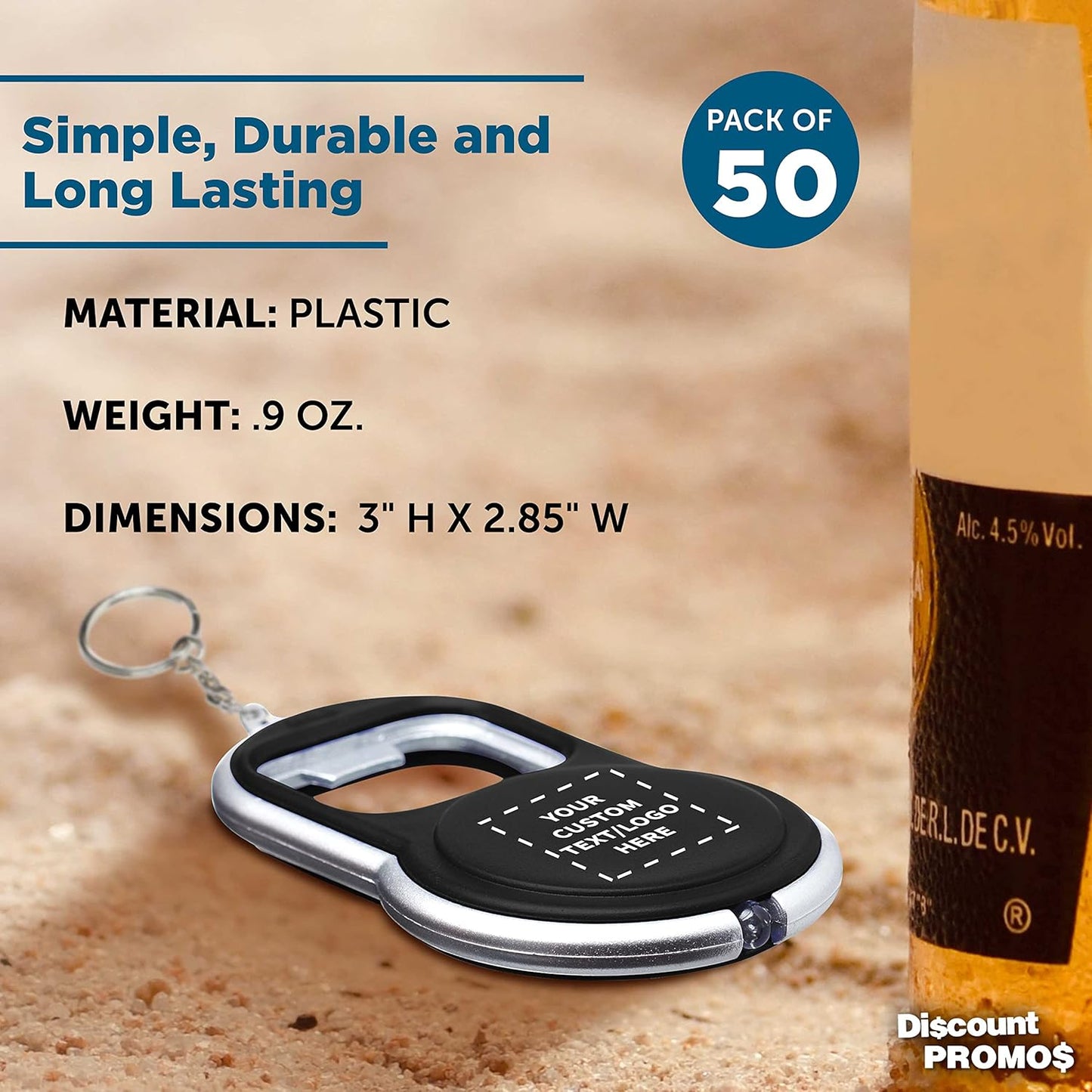 DISCOUNT PROMOS Custom Bottle Opener & LED Keychains Set of 50, Personalized Bulk Pack - Perfect for Tradeshows, Party Favors, Other Events - Black