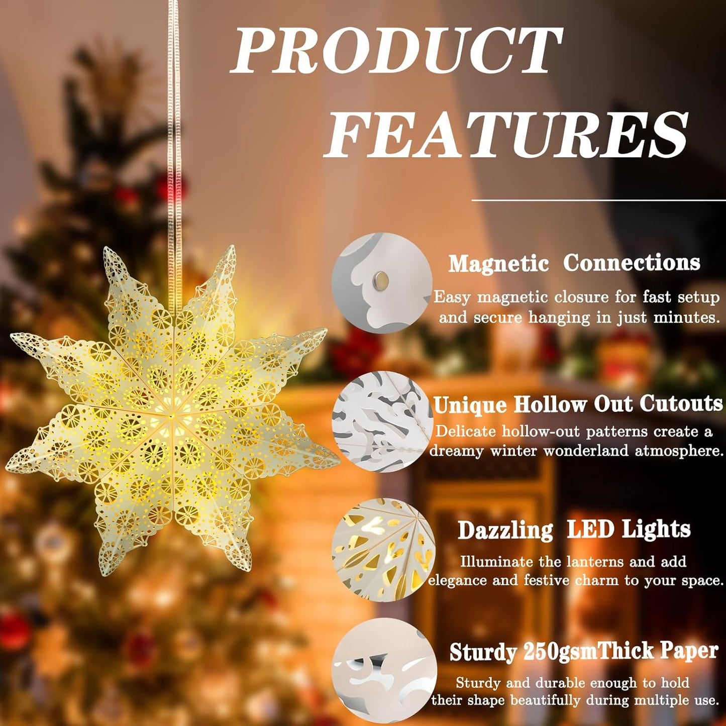 5Pcs Christmas Paper Snowflake Lanterns, Large Christmas Paper Star Lanterns with LED Lights White Beige Khaki Hanging Snowflake Lamps for Xmas Winter Frozen Wedding Birthday Holiday Party Decorations