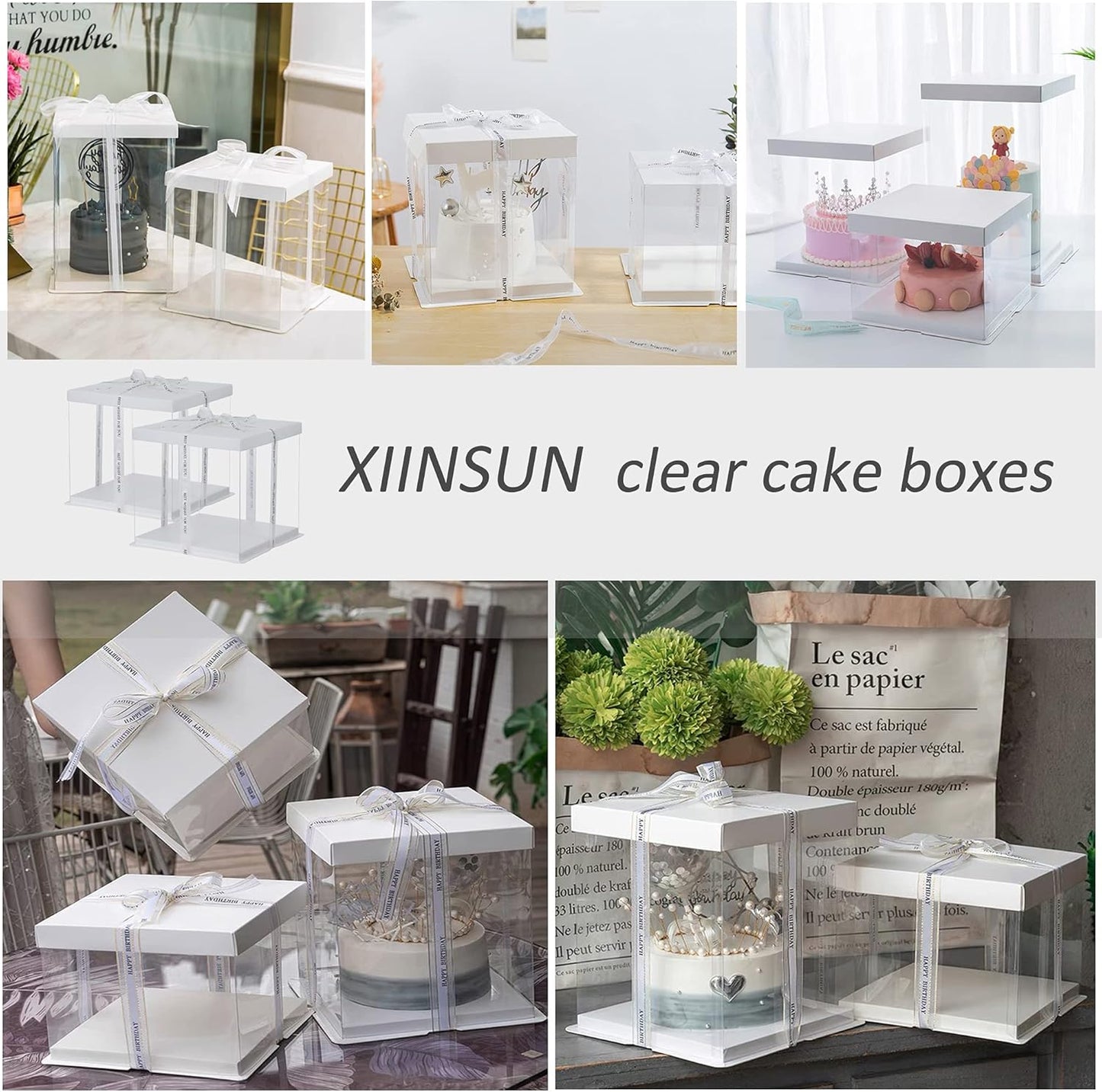 XININSUN 2Pcs Large Cake PET Clear Box, 10" X 10" X 9" with ribbon and pre-folded lid, for 8" cake packing carry, baking cookie display, Carry Tall Layer Gift, Festive Gift Box -White