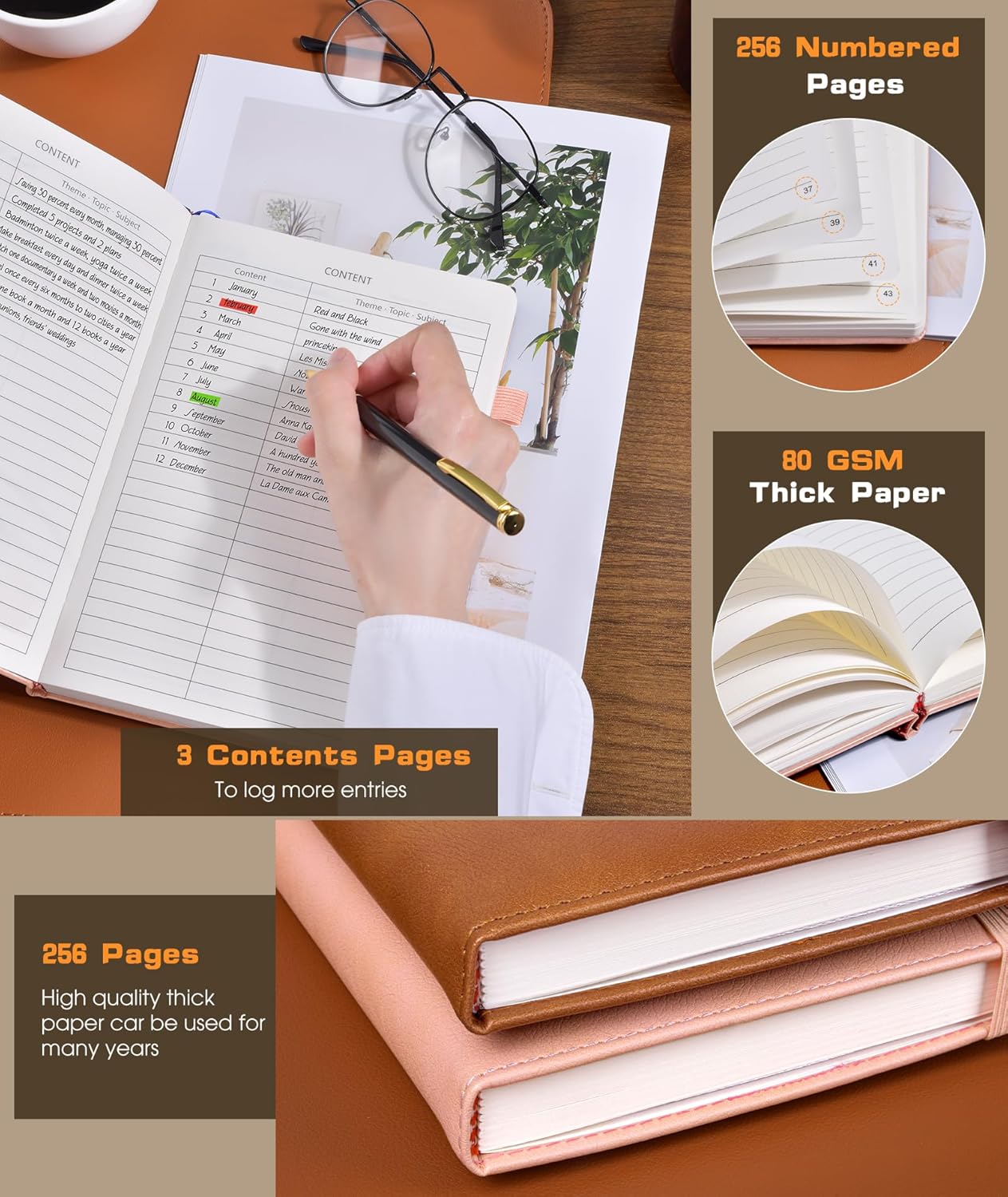 Lined Journal Notebook for Women Men, 256 Numbered Pages Hardcover Leather Journals for Writing, A5 Journaling Notebooks, College Ruled Journal for Business Work School 5.75" x 8.38" Pink leather