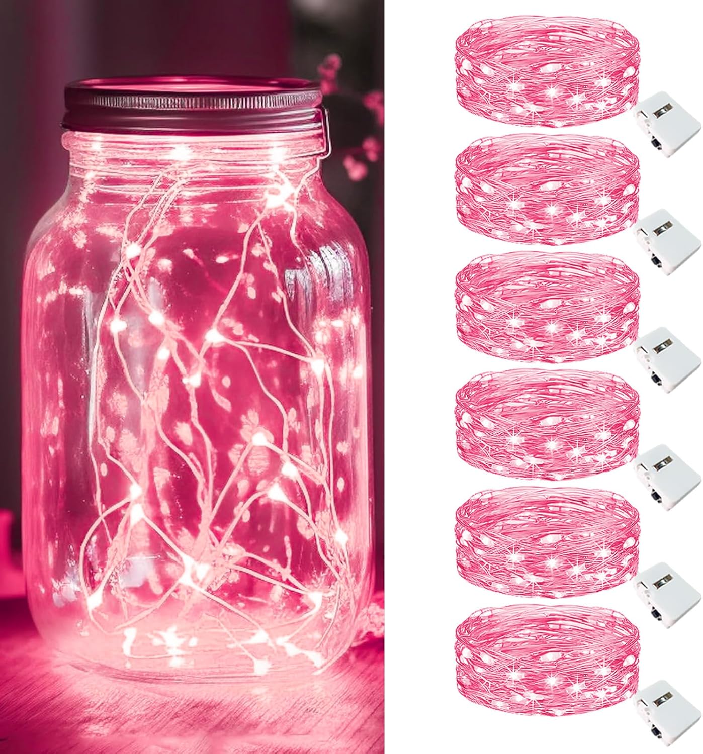 kolpop 6 Pack LED Fairy Lights Battery Operated, Mini Twinkle String Lights Battery Powered Waterproof for Christmas Mason Jars Party,Pink
