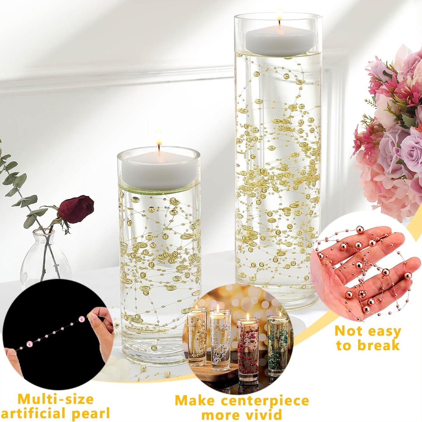 100 PCS Artificial Floating Beads for Centerpieces Vases, Red 8+3mm String Beads for Wedding Party Faux Pearl String for Decorating, String Pearls for Crafts Vase Filler