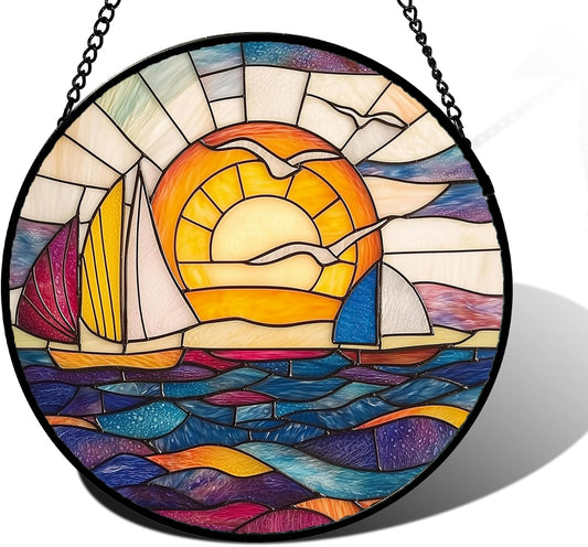 Stained Glass Window Hanging, Sailboat and Waves Suncatcher Diamond Glass Panel Hangings Sun Catchers Decor for Birthday for Women, Men, Wife, Aunt, and Mom 6.3 in