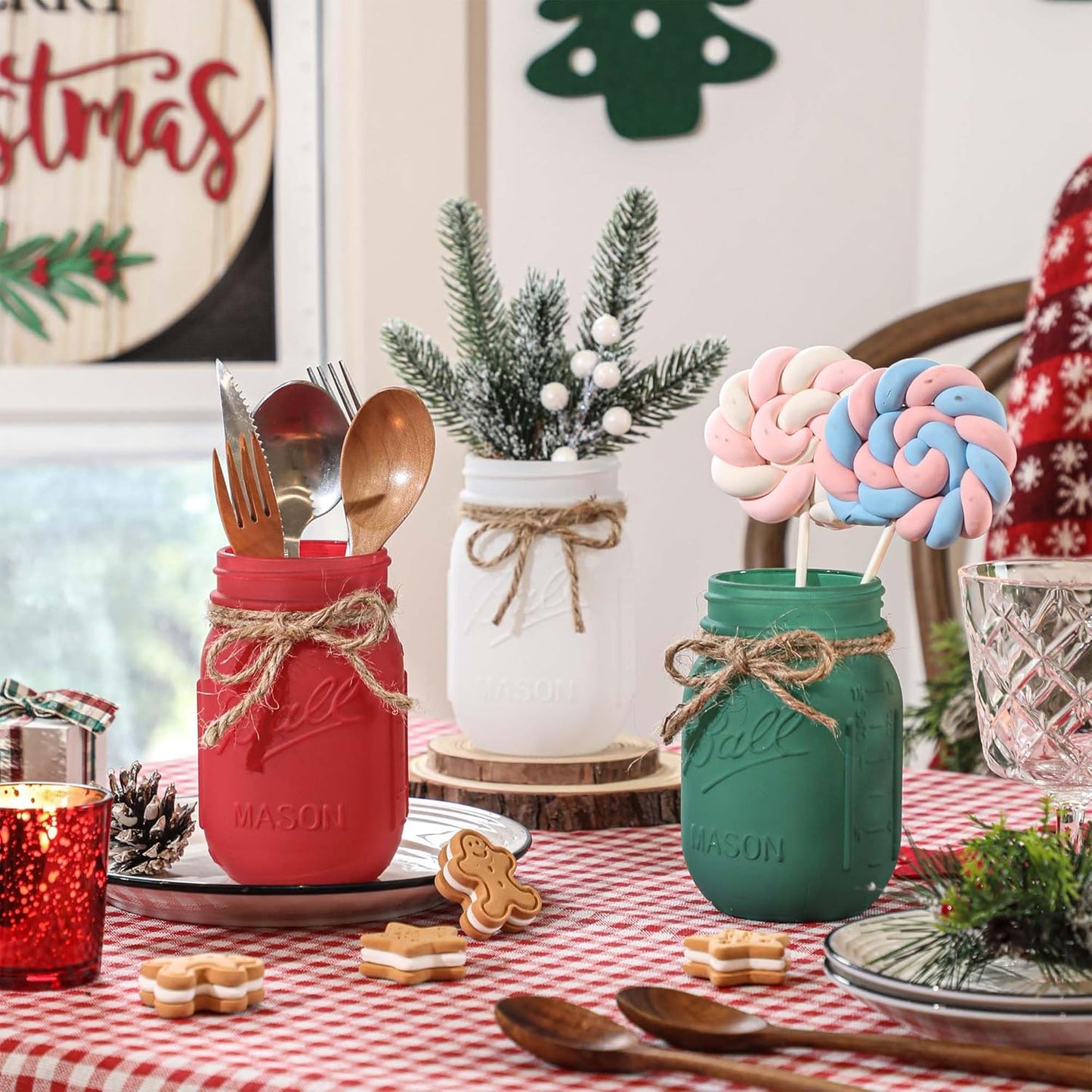 Winter Mason Jars, Winter Centerpieces for Tables, Wood Tray & 3 Painted Decorative Jars, Christmas Table Centerpieces Decoration, Farmhouse Dining Table Kitchen Decorations Home Decor