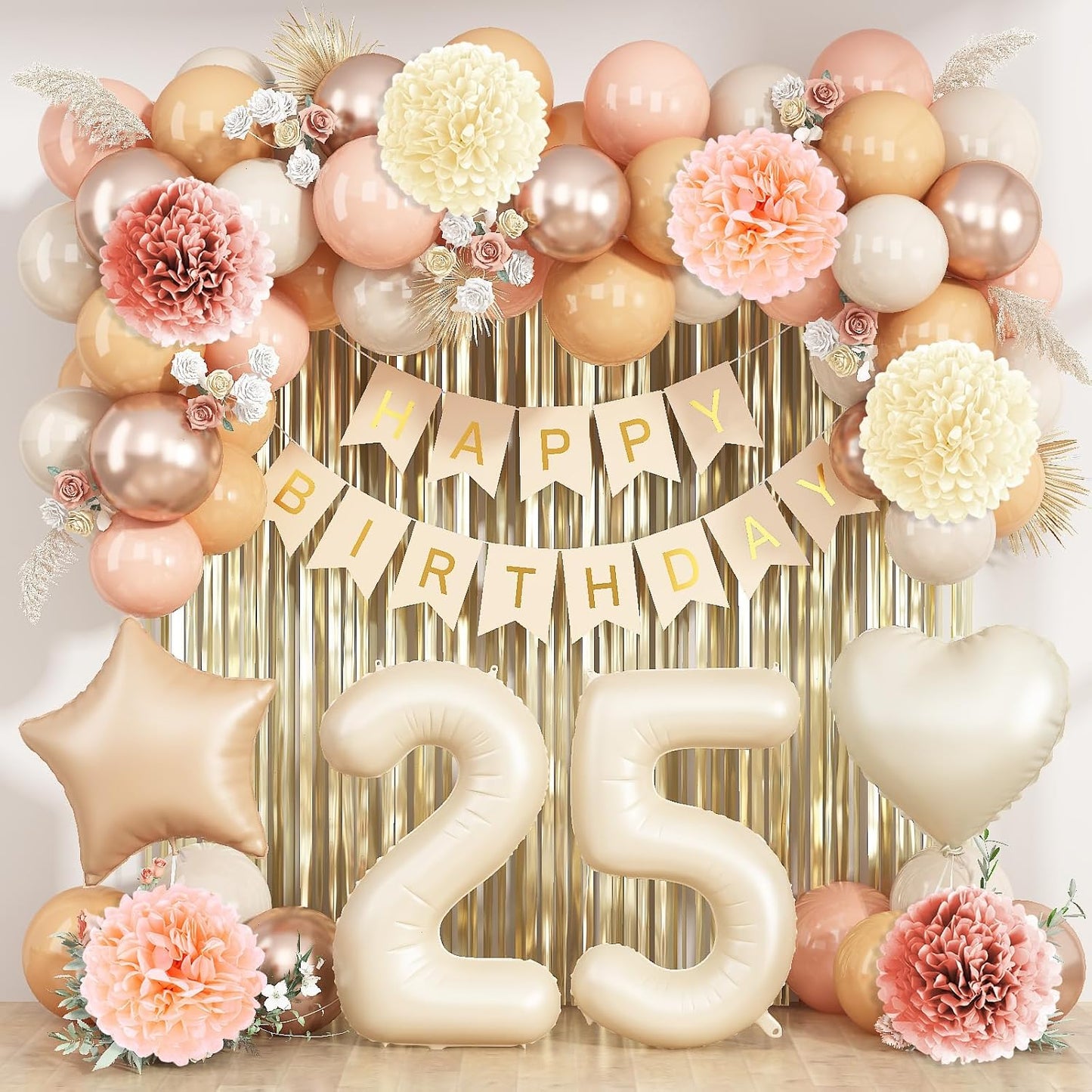 Beige 25th Birthday Decorations for Her Cream Number 25 Balloon Nude Gold Happy Birthday Banner Fringe Curtain Paper Pom Poms Blush White Sand Champagne Star Foil Balloons Neutral Boho Party Decor