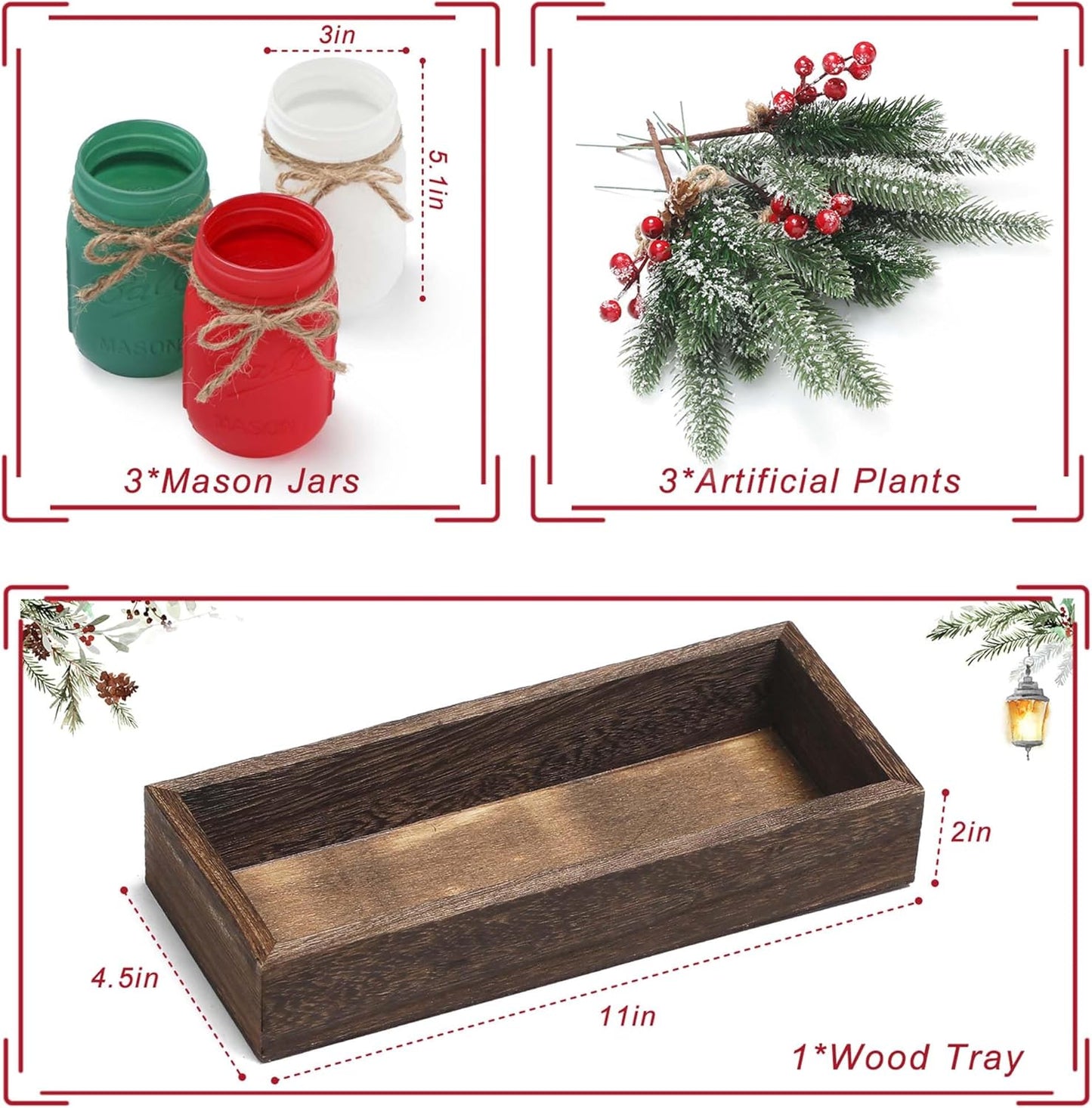Winter Mason Jars, Winter Centerpieces for Tables, Wood Tray & 3 Painted Decorative Jars, Christmas Table Centerpieces Decoration, Farmhouse Dining Table Kitchen Decorations Home Decor