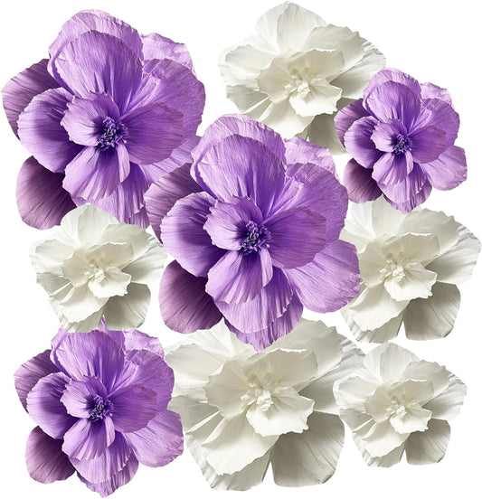 BRT Bearingshui Crepe Paper Flowers Decoration for Wall Total 9 Pcs, Artificial Flowers for Wedding Decor,Flower Backdrop Decor, Baby Bridal Shower Birthday Party, Purple White 3D Wall Flowers Decor
