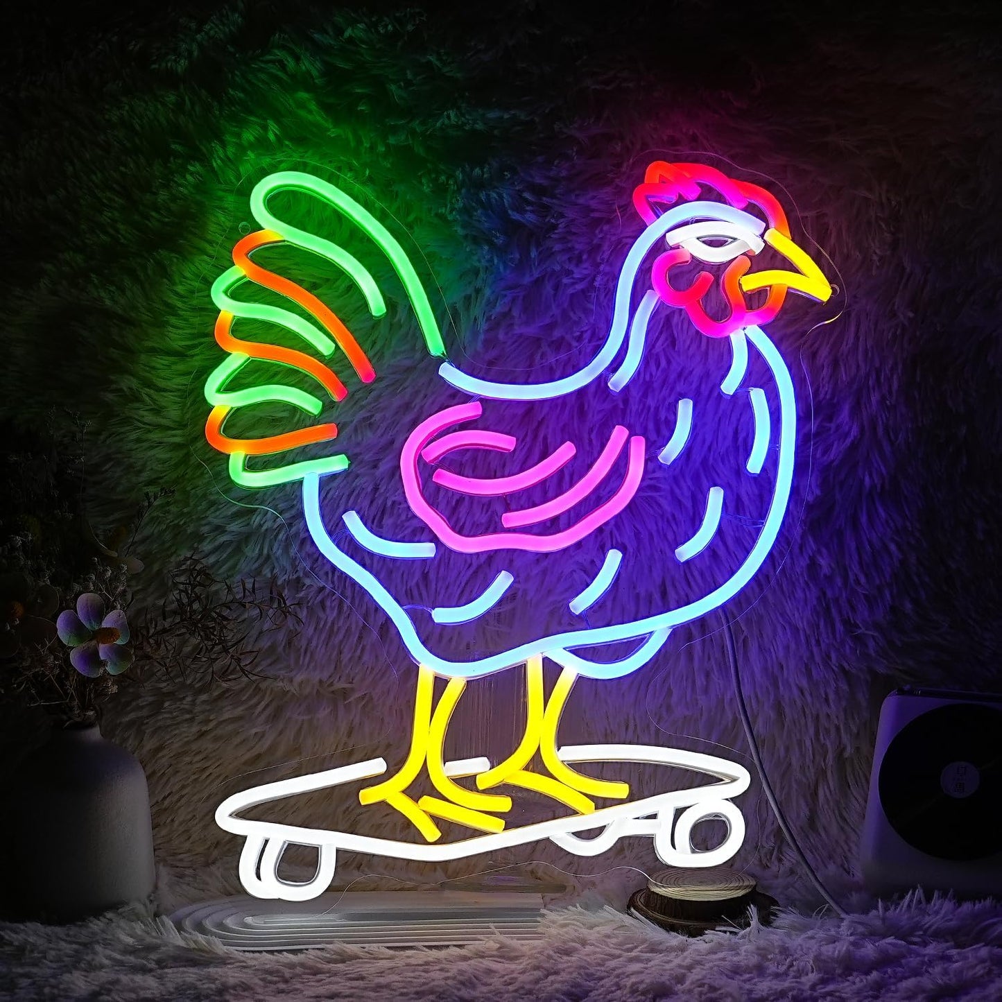 Dimmable Chicken Neon Sign for Wall Decor Funny Skateboarding Rooster LED Neon Light USB Powered Light Up Animal Sign for Bedroom Birthday Party Kids Gifts(16.5 * 13In）