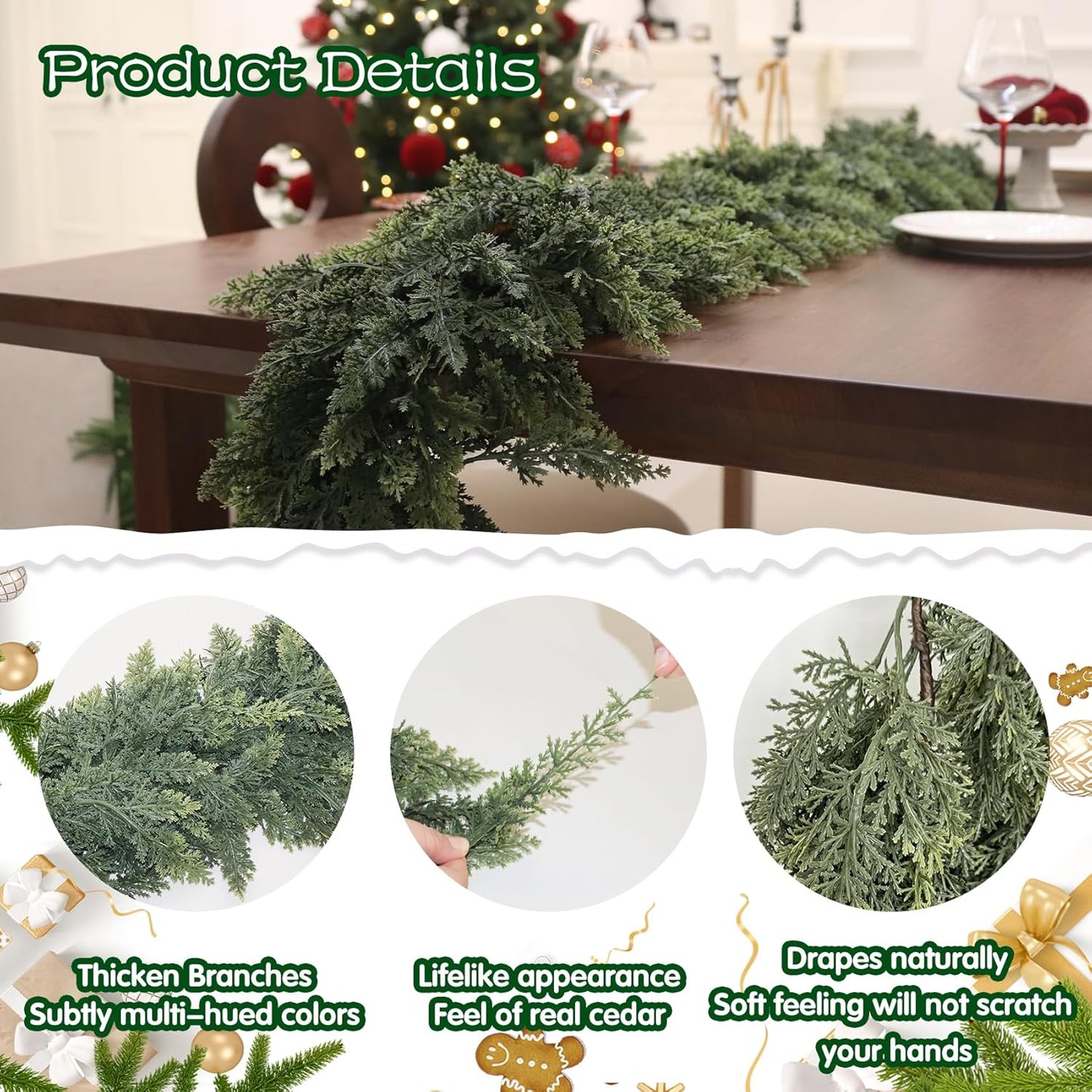9FT 2PCS Artificial Cedar Garland for Christmas Decoration - Realistic Winter Greenery Garland for Mantel, Fireplace, Table, Door, Holiday Indoor Outdoor Decor