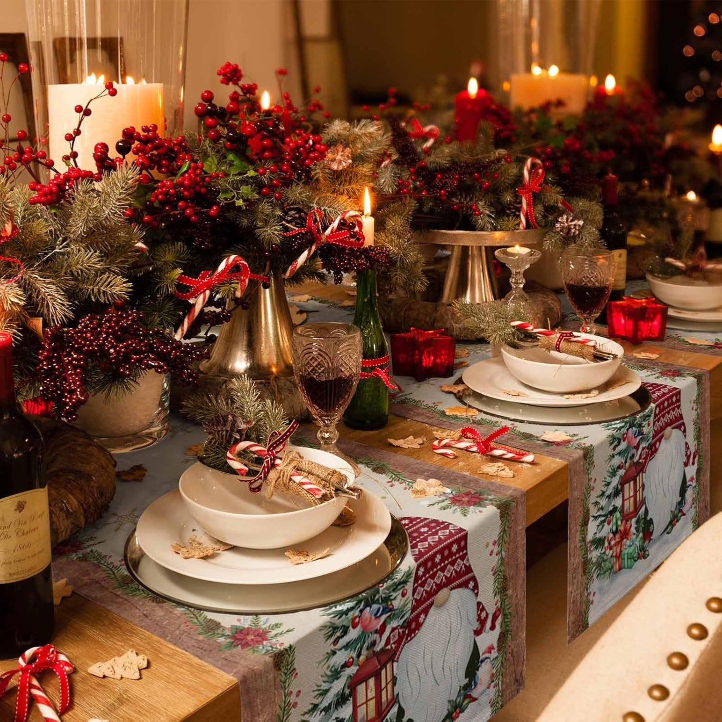 Christmas Gnomes Cotton Linen Table Runner for Dining Kitchen, Xmas Pine Tree Snowflake Rustic Wedding Outdoor Party Tablerunners Decoration, Retro Wood Dresser Scarf Tablecloth Runners 13x120 Inches