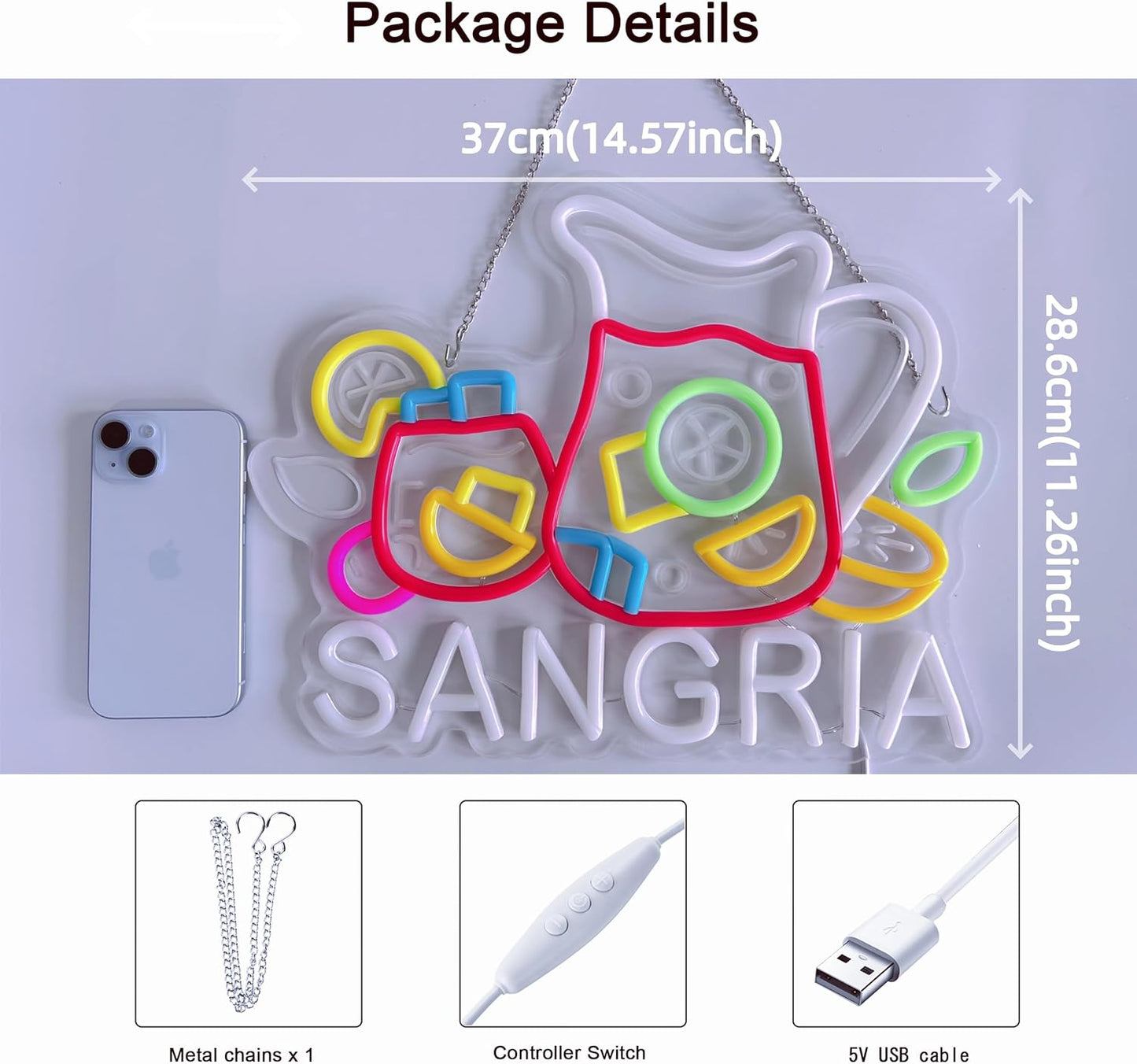 CNBEYOUNG Sangria Neon Sign, Neon Lights Hanging Wall Art Decoration for Restaurants Shop Bar Kitchen Garden Party Home Decor, USB - Driven, Super Bright & Adjustable,14.57x 11.26inches