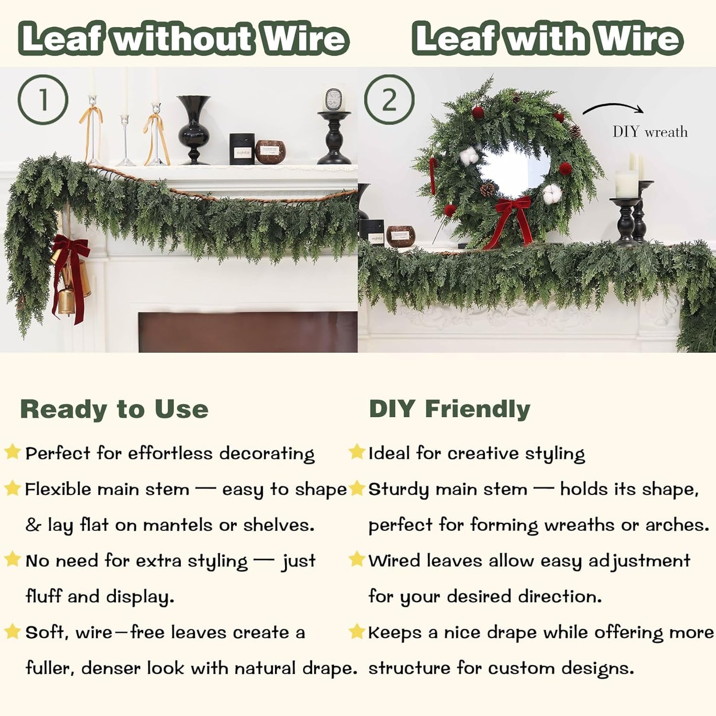 9FT Artificial Cedar Garland for Christmas Decoration - Realistic Winter Greenery Garland for Mantel, Fireplace, Table, Door, Holiday Indoor Outdoor Decor
