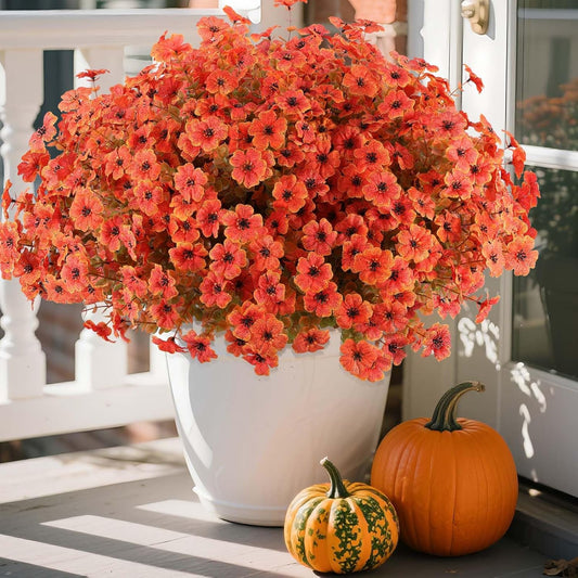 Hananona 36 Pcs Artificial Mum Flowers for Outdoors, Faux Fall Mums Silk Flower for Outside, Fake Orange Flowers for Fall Patio Front Door Planter Autumn Halloween Home Decorations (36, Orange)