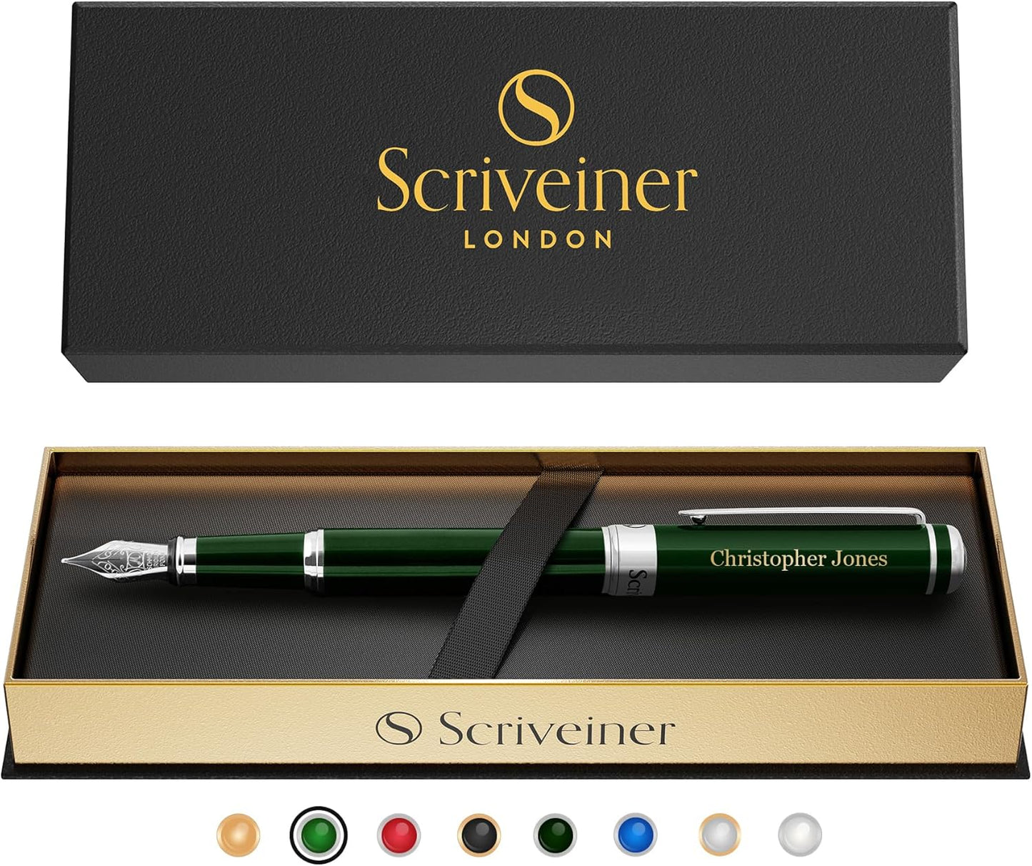 Scriveiner Personalized British Racing Green Pen - Stunning Green Lacquer Luxury Pen w/Chrome Finish, German Schmidt Nib (Medium), Best Engraved Fountain Pen Gift Set for Men & Women, Name Engraving