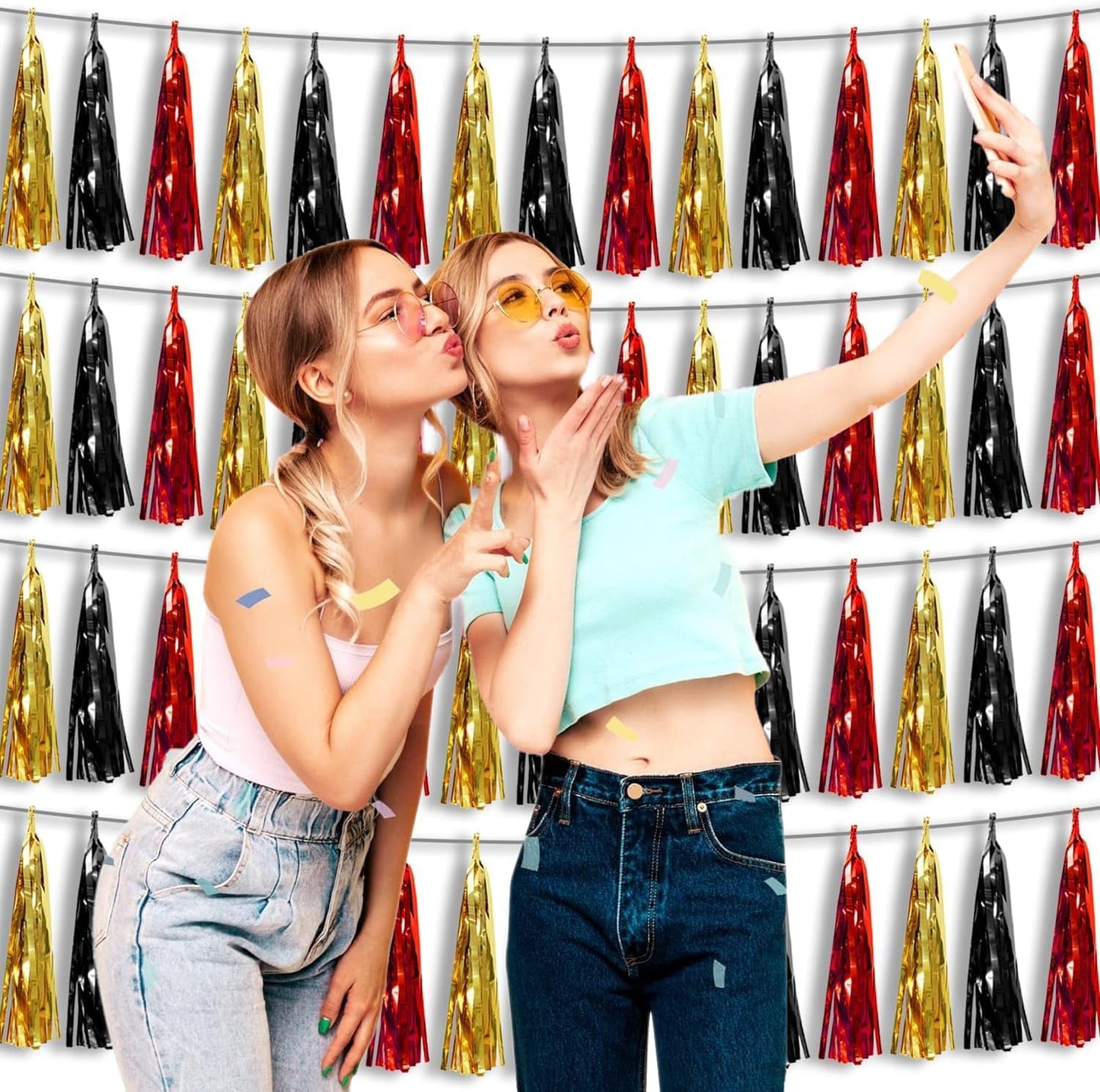 4P Red-Black Gold Foil Fringe Tassel Banner Garland Metallic Tinsel Streamers Wall Hanging Curtain Backdrop Banners for Parade Floats, 2025 Graduation Decorations, Baby Bridal Shower Party Decoration