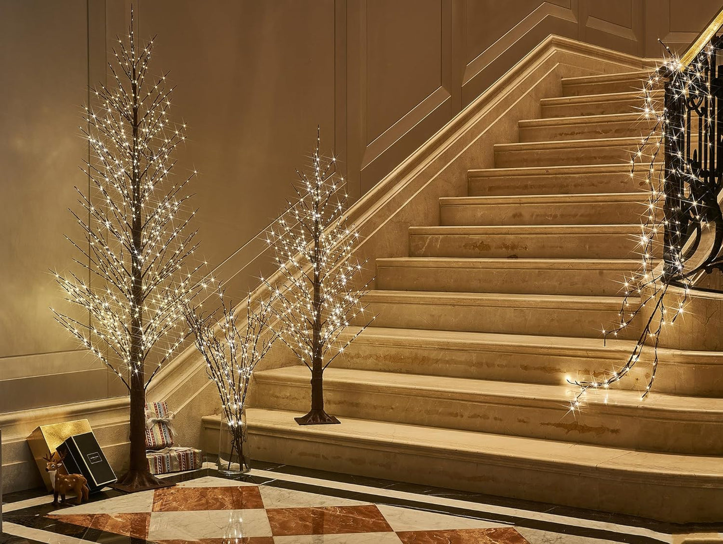 Hairui Lighted Willow Branches Silver Glittered 32IN 120 LED Fairy Lights with Timer, Twig Branch with Lights Battery Operated or USB Plug in for Home Fireplace Room Christmas Holiday Decoration