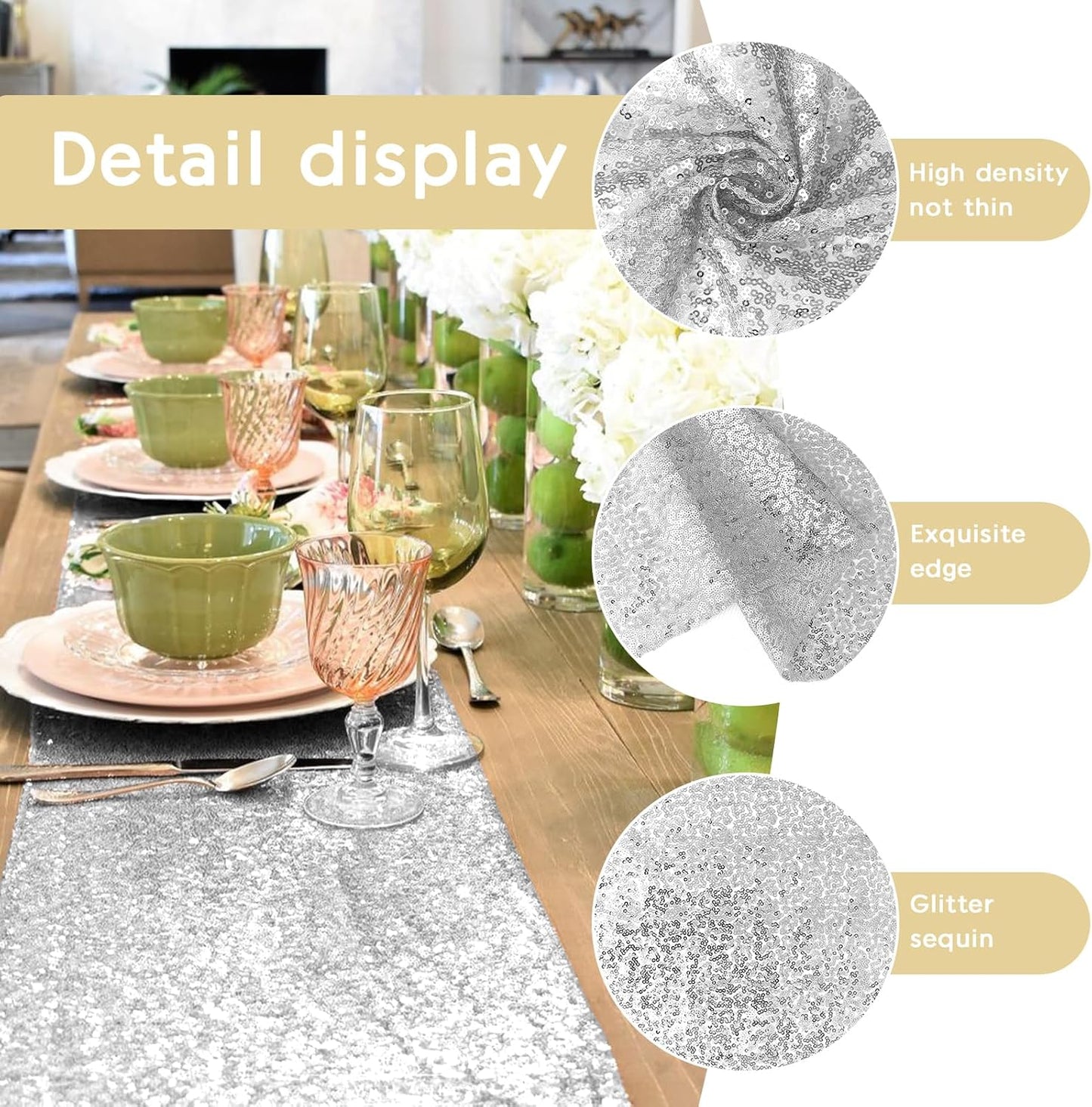 6 Packs 12 x 72 inches Sequin Table Runner, Silver Glitter Table Runner for Birthday Party Supplies Wedding Engagement Baby Shower Holiday Celebration Event Decorations