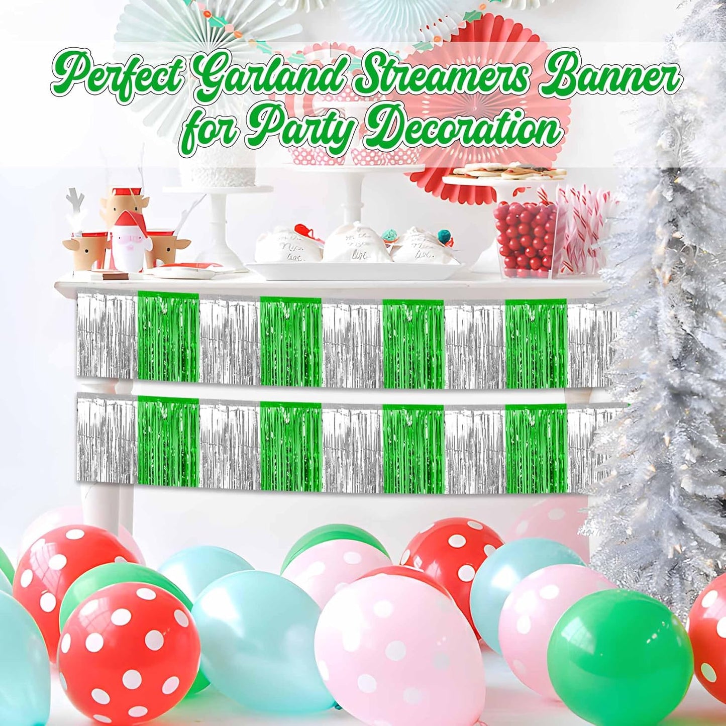 4 Pack 10 Ft Silver Green Foil Fringe Garland Metallic Streamers Tinsel Banner Wall Hanging Garland Backdrop for Parade Floats, Halloween, Christmas, Thanksgiving, New Year Party Decorations