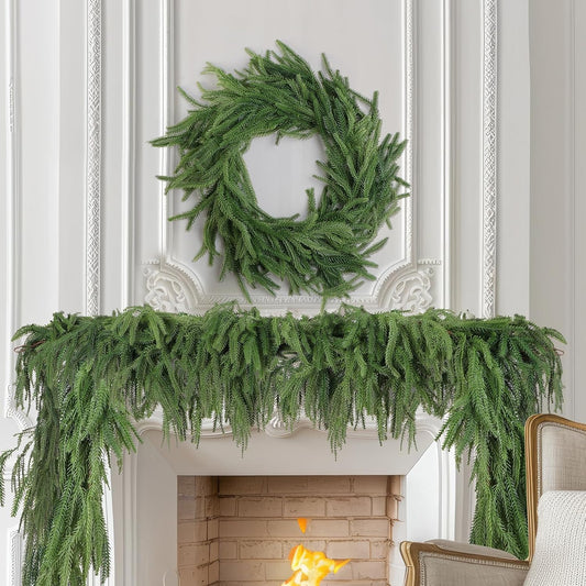 4 Pack Christmas Norfolk Pine Garlands 9FT, Real Touch Artificial Greenery Garland – Full Evergreen Pine Garland for Mantle, Fireplace, Table, Wall, Stairs & Outdoor Holiday Décor