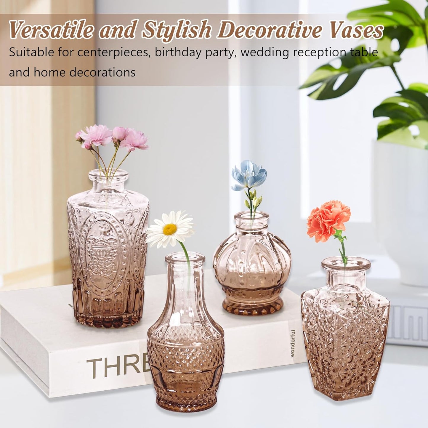 Set of 40 Glass Bud Vases, Small Amber Glass Vases in Bulk, Mini Vintage Embossed Flower Vase for Wedding, Centerpieces, Birthday Party, Baby Shower, Home Table Decorations (Amber)