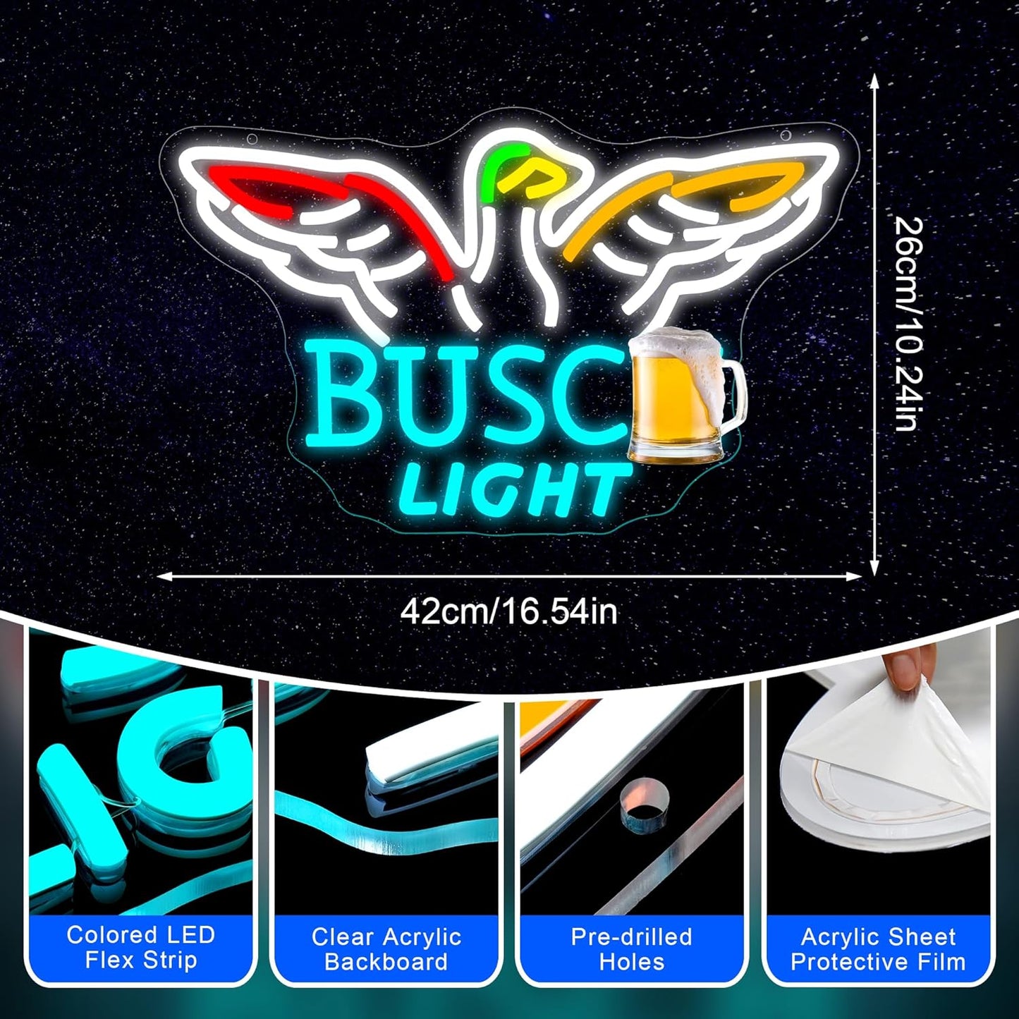 Beer Neon Sign Light for Wall Decor - Beer Bar Acrylic USB Powered LED Wall Art Decor, Light Up Sign Dimmable, for Man Cave Beer Bar Pub Business Club Party Garage 16.54" × 10.24"