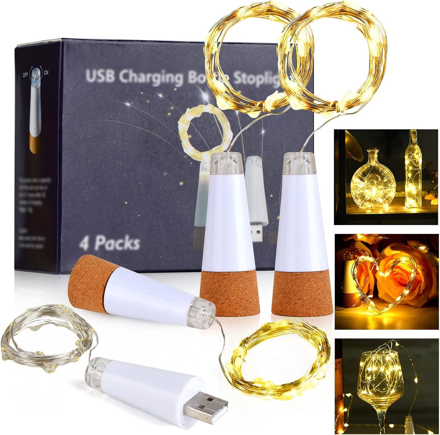 Wine Bottle Lights with Cork Switch for Liquor Bottles 4 Pack Rechargeable Battery Operated 20 Led Bottle Stopper Warm String Fairy Lights Indoor Christmas Wedding Halloween Decorations