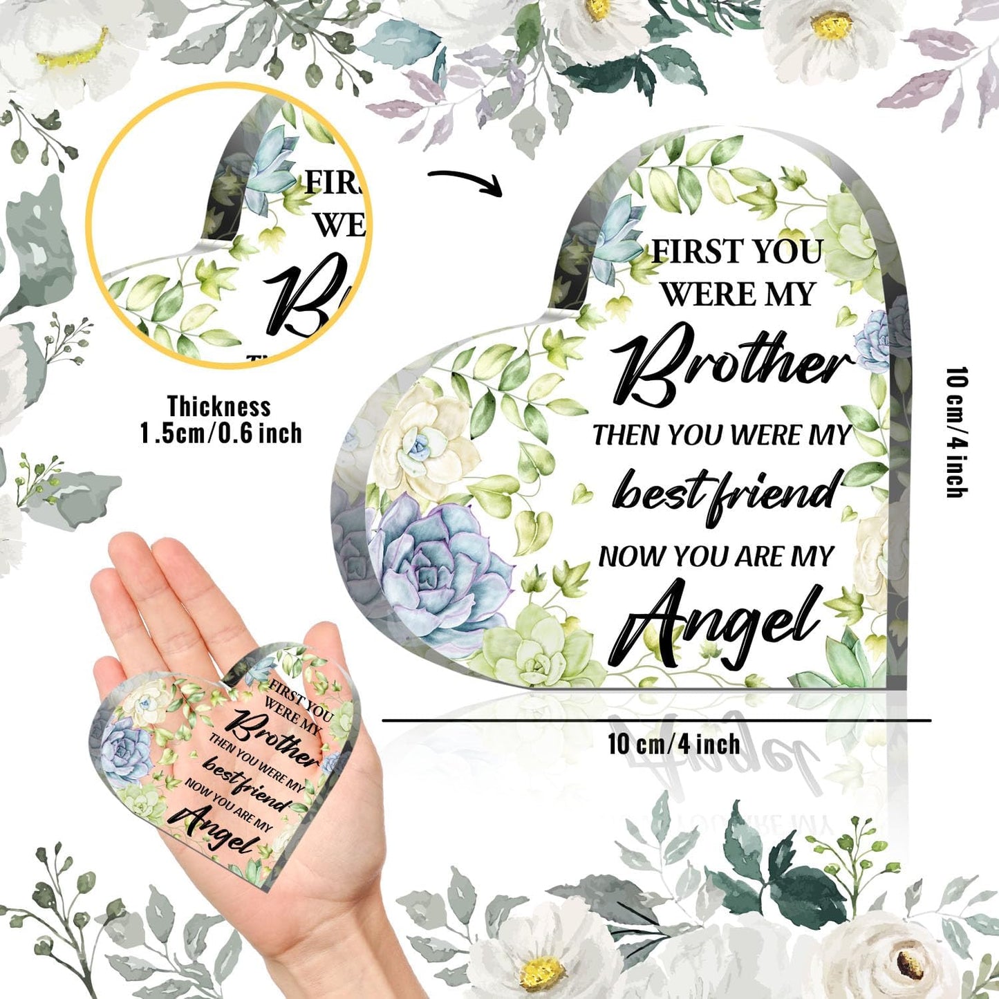 Sympathy Gifts for Loss of Brother, Memorial Gifts for Friends Man Male, In Memory of Brother Acrylic Heart Plaque, Bereavement Condolences Grief Gifts, Funeral Remembrance Decor Ornament Sign