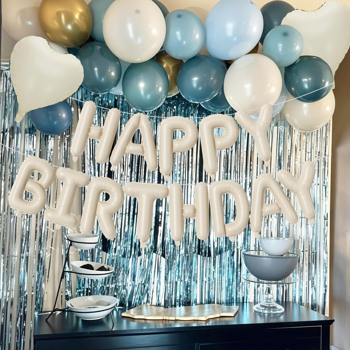Happy Birthday Balloon Banner Cream Blue, 16 Inch Beige Mylar Letters Heart Foil Dusty Slate Blue White Sand Metallic Champagne Gold Balloons Boho Neutral Birthday Decorations for Girls Women Boy Men