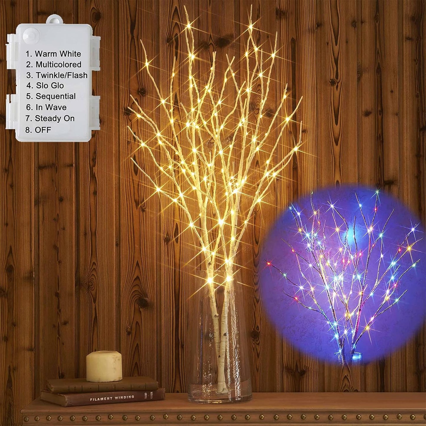 Birchlitland Lighted Birch Branch Battery Operated with 8 Functions 100 LED 32IN Multi Color and Warm White Lights, Artificial Tree Branch with Warm,Fireplace Christmas Holiday Decoration