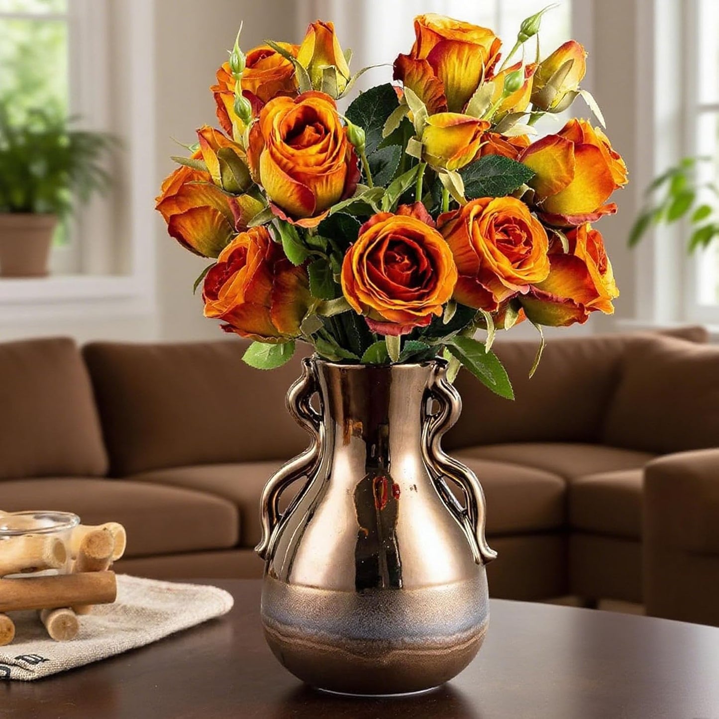 Gold Ceramic Vase with Handles, Brown Rustic Farmhouse Vintage Flower Vases Home Decor, Modern Amber Brown Tall Centerpiece Floral Small Vase for Living Room, Bedroom, Office Metal Glaze Finish 7.3 In