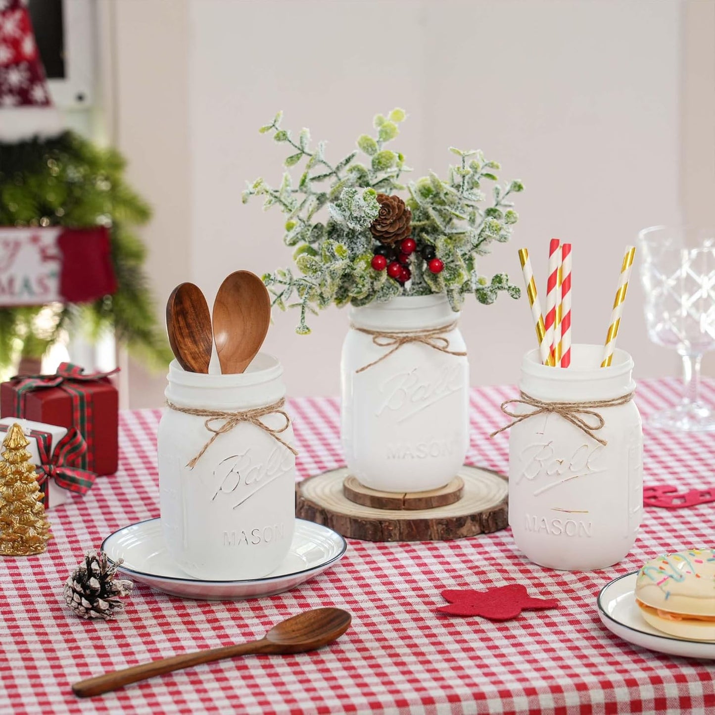 Christmas Mason Jars, Set of 3 White Painted Jars with Artificial Pine and Berries in Wood Tray, Christmas Centerpieces for Dining Table, Winter Home Decor