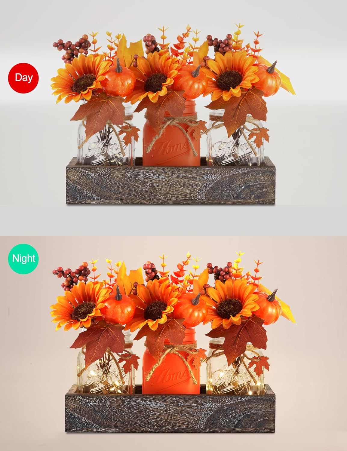 Fall Thanksgiving Table Decor, Centerpieces for Tables with Mason Jars, Fake Flowers, Wood Tray, 25 Pcs Pumpkin Fall Thanksgiving Centerpieces Table Decorations for Home Indoor, Autumn Decor