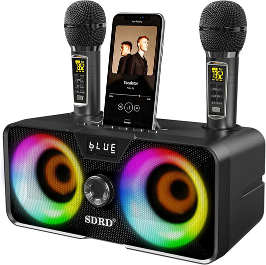 Karaoke Machine for Adults and Kids with 2 UHF Wireless Microphones,Portable Bluetooth Speaker PA Speaker System with LED Party Lights for Home Party, Picnic,Car,Outdoor/Indoor/Birthday Gifts
