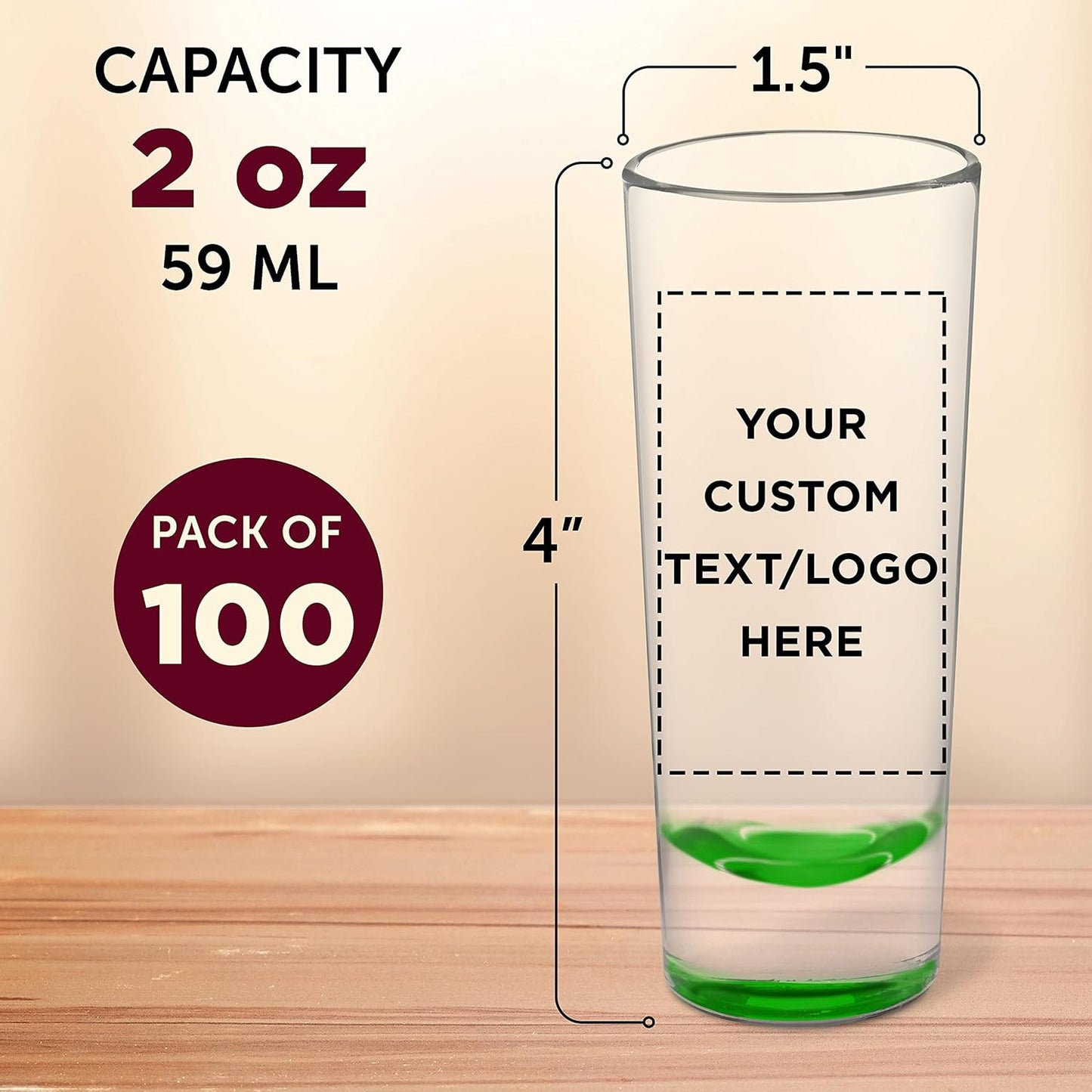 Custom Cordial Shooter Shot Glasses 2 oz. Set of 100, Personalized Bulk Pack - Great for Birthdays, Parties, Indoor & Outdoor Events - Green