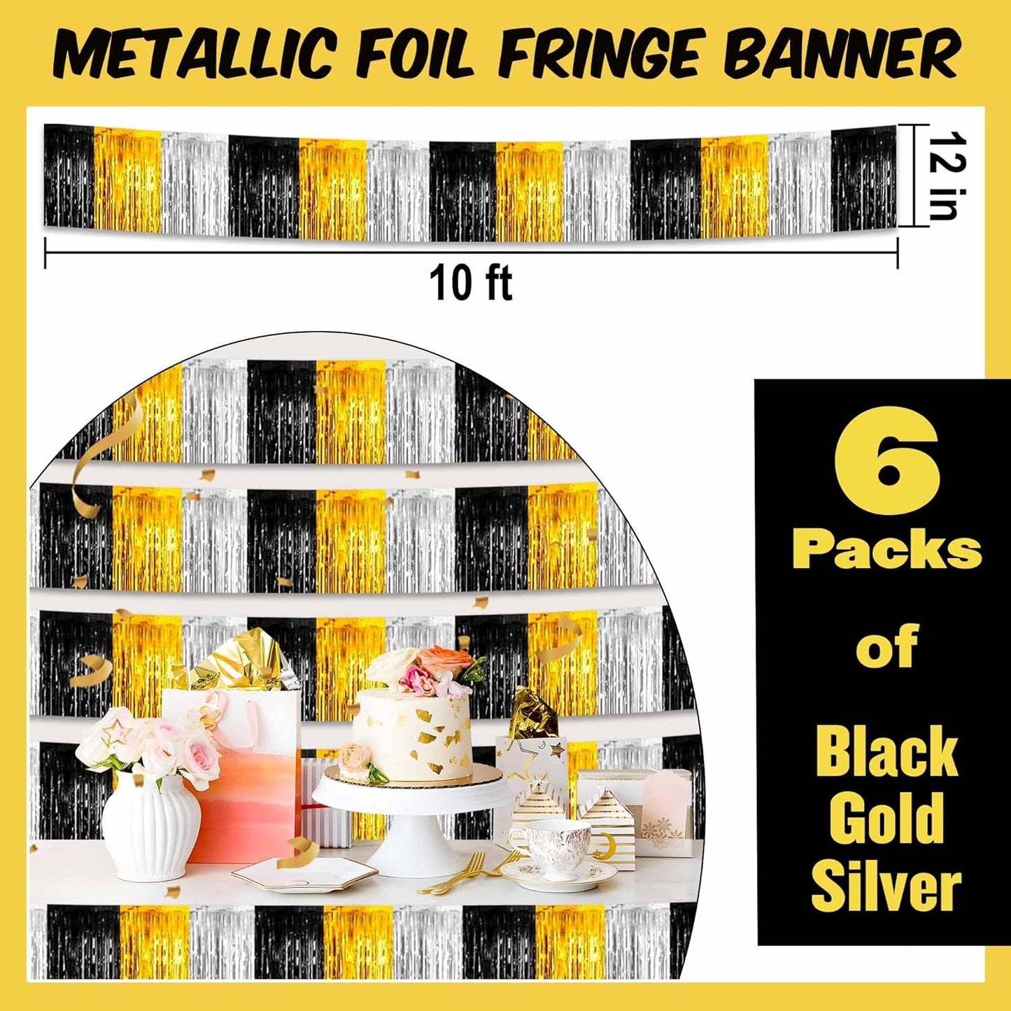 6 Pack 10 Ft Black Gold Silver Foil Fringe Garland Metallic Streamers Tinsel Banner Wall Hanging Garland Backdrop for Parade Floats, Halloween, Christmas, Thanksgiving, New Year Party Decorations