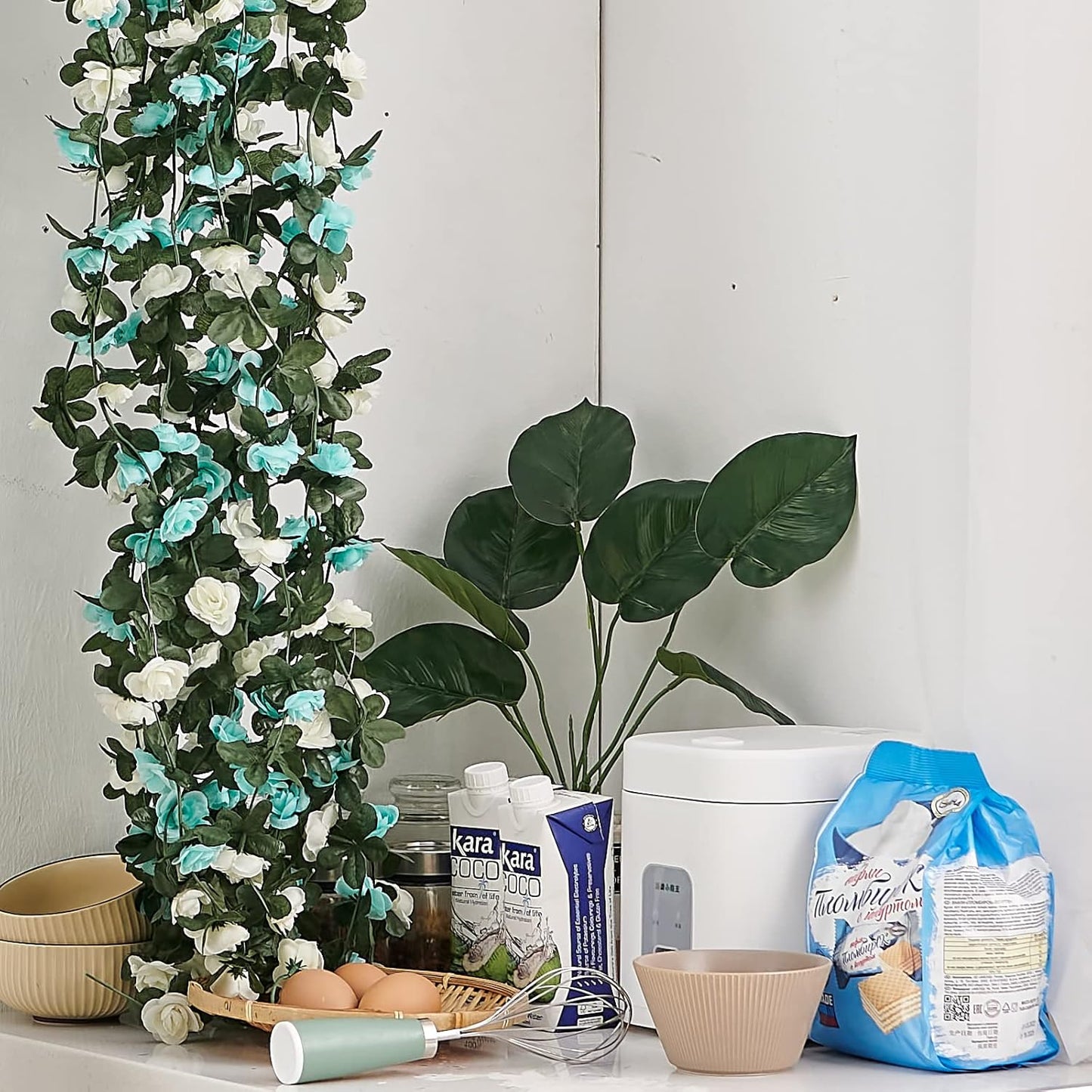 8 Pcs x 8.2 ft Flower Garland Artificial Rose Vine Flowers with Green Leaves Hanging Fake Roses Vine for Room Party Home Wedding Birthday Christmas Wall Arch Decor, White Blue Flower